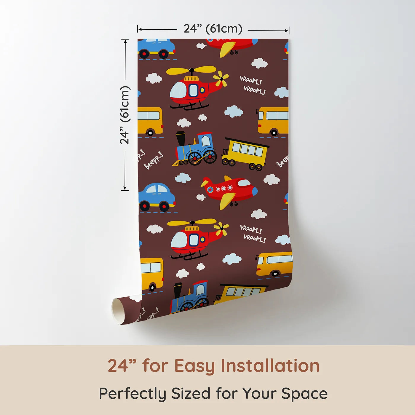 Dimension view of Whimsy Tots Vroom Vroom Transport Parade Wallpaper in Chocolate Brown (W3438A). Printed in 24-inch-wide panel for easy installation. Planes, trains, buses, and helicopters zoom across a chocolate sky.