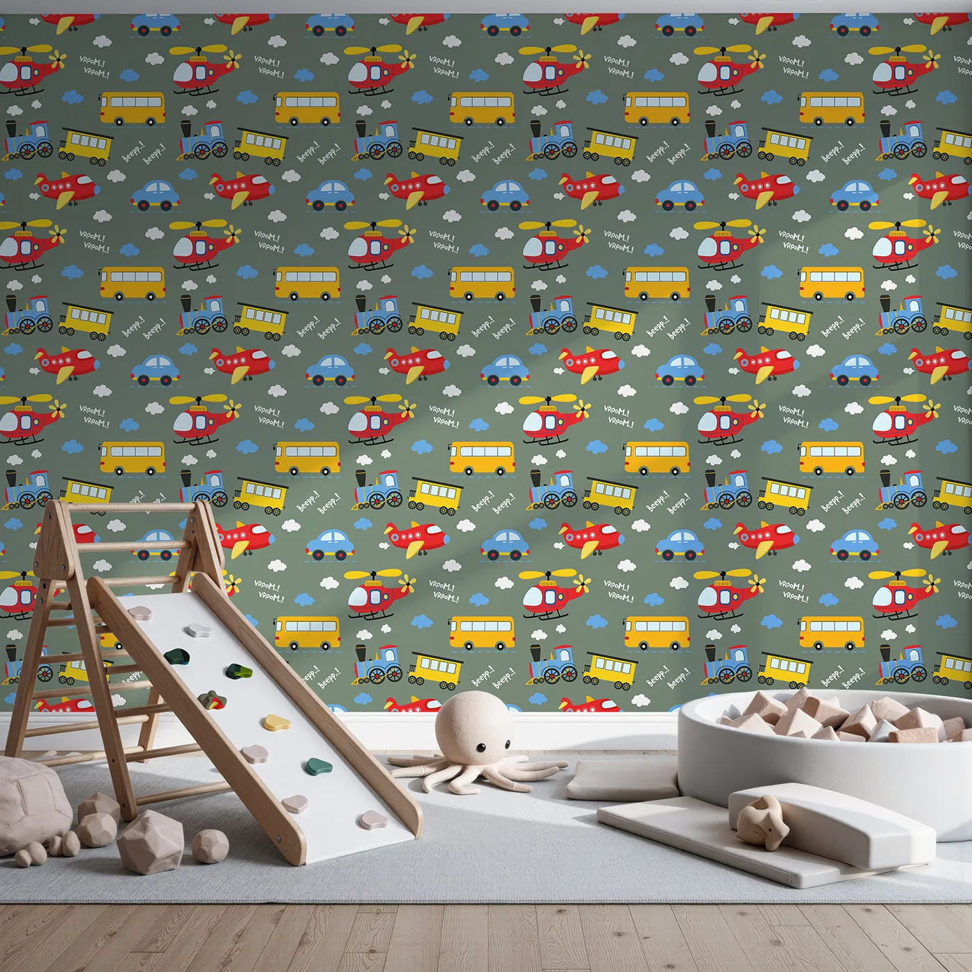 Front view of Whimsy Tots' Vroom Vroom Transport Parade Wallpaper in Olive Green