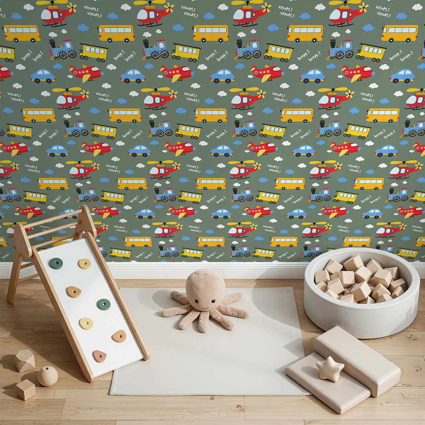 Top-Down view of Whimsy Tots' Vroom Vroom Transport Parade Wallpaper in Olive Green (W3438B).Planes, buses, and trains zoom across a warm olive sky.