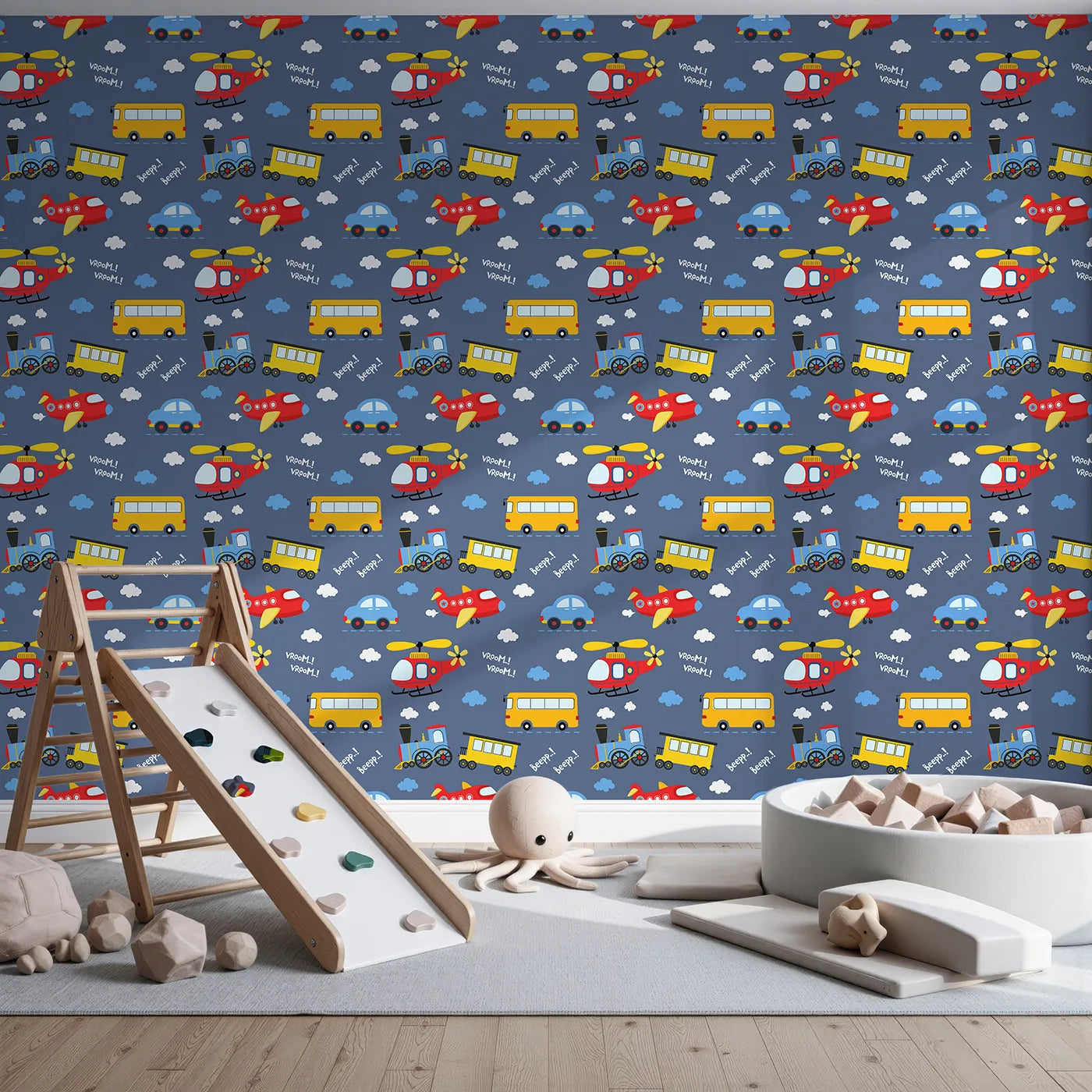 Front view of Whimsy Tots' Vroom Vroom Transport Parade Wallpaper in Navy Blue