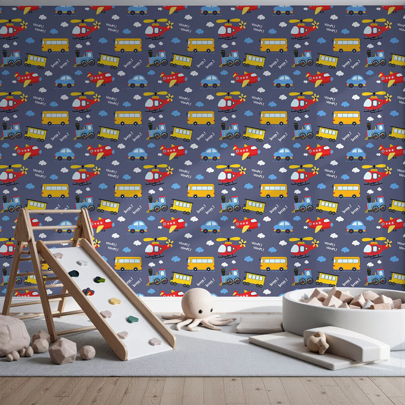 Front view of Whimsy Tots' Vroom Vroom Transport Parade Wallpaper in Denim