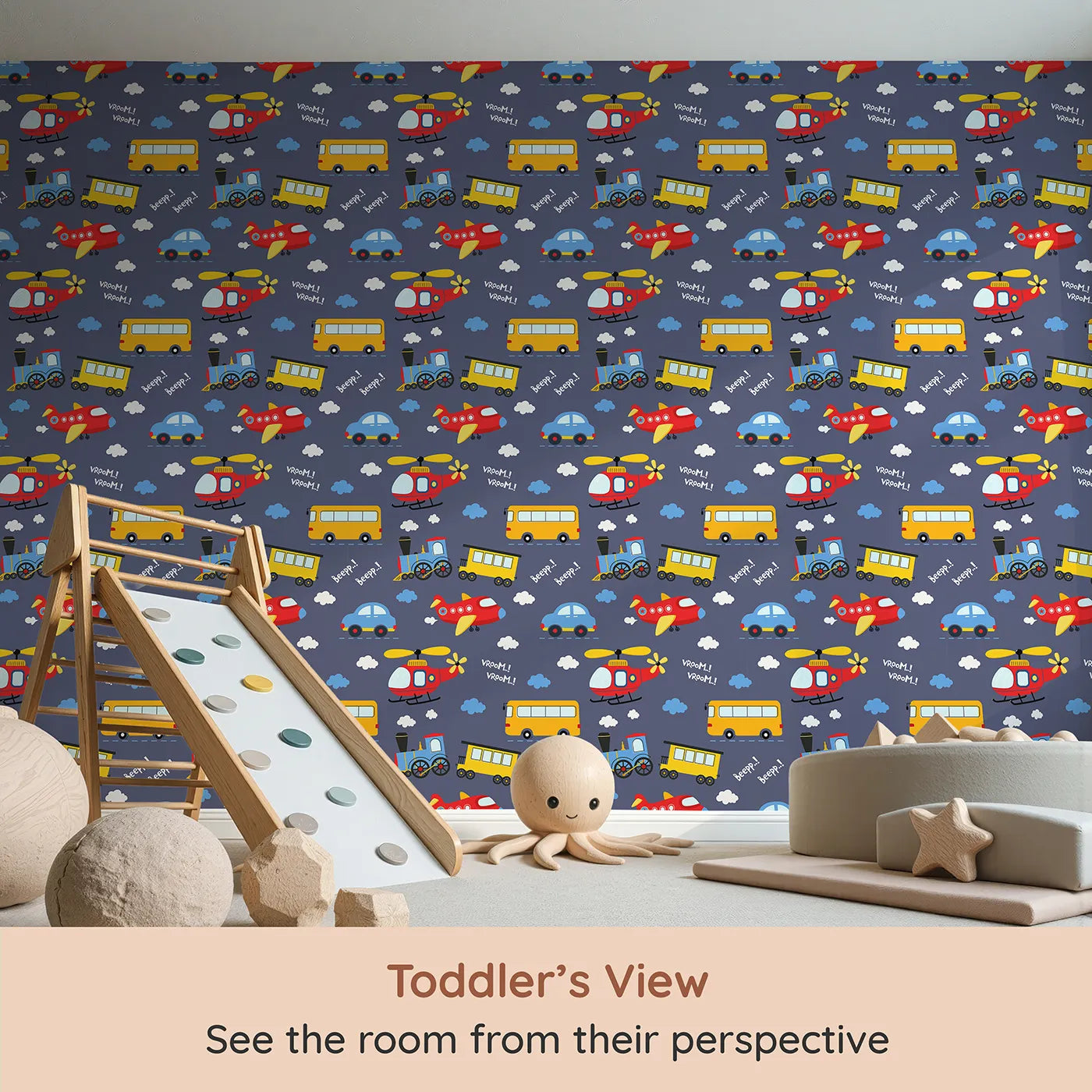 Whimsy Tots Vroom Vroom Transport Parade Wallpaper in Denim (W3438D) from your child's view.Bright vehicles and bouncy clouds race across a denim-blue sky.