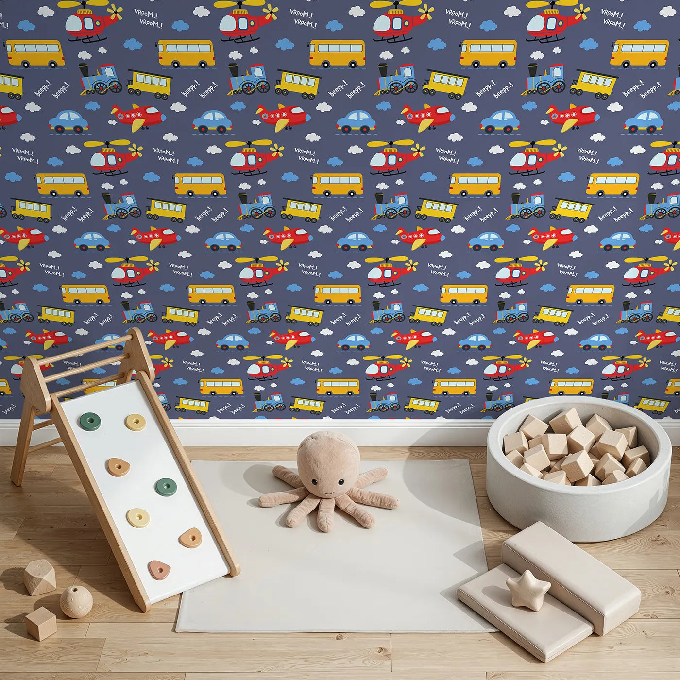 Top-Down view of Whimsy Tots' Vroom Vroom Transport Parade Wallpaper in Denim (W3438D).Bright vehicles and bouncy clouds race across a denim-blue sky.