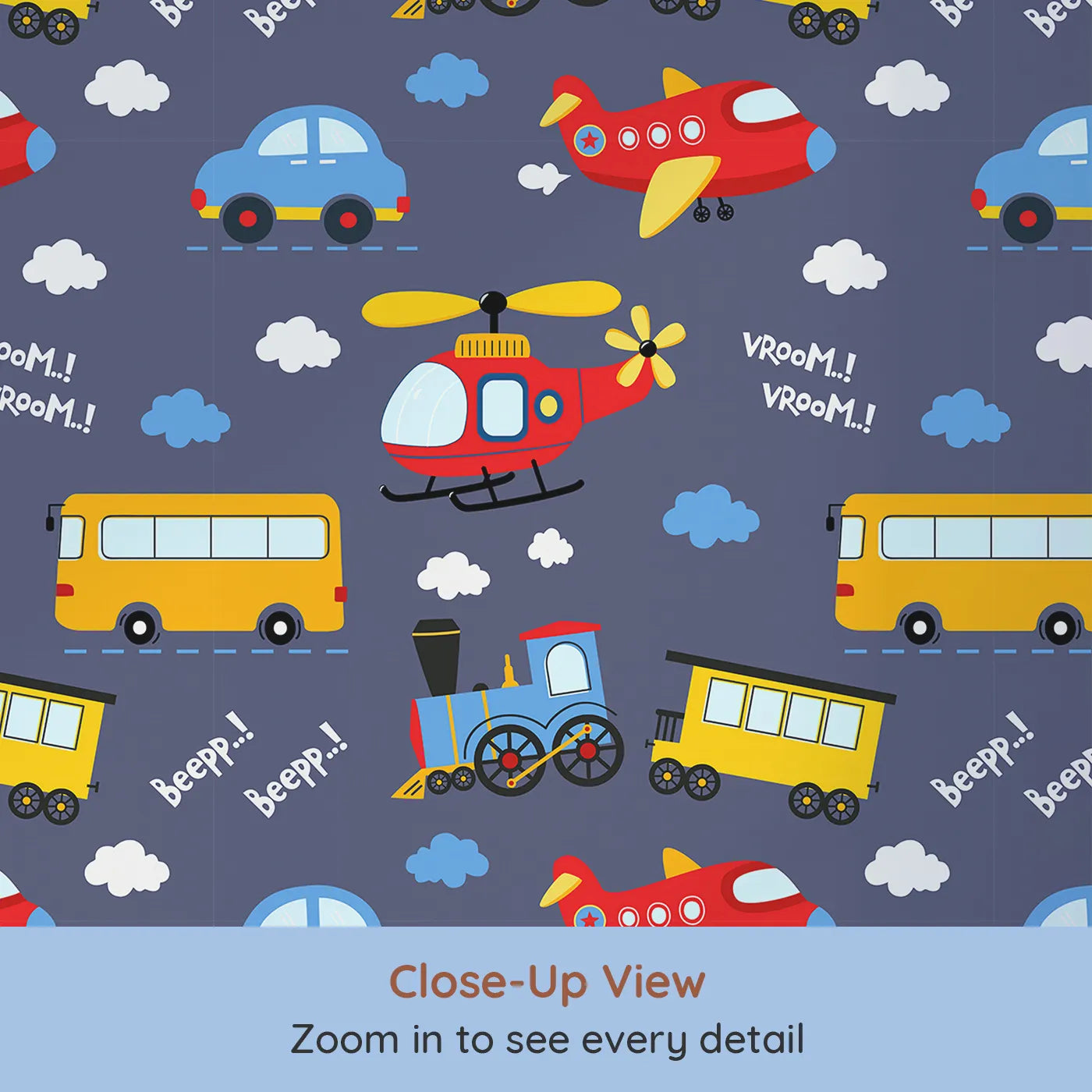Close-up view of Whimsy Tots' Vroom Vroom Transport Parade Wallpaper in Denim (W3438D).Bright vehicles and bouncy clouds race across a denim-blue sky.