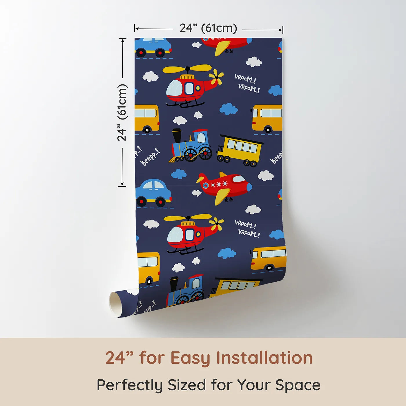 Dimension view of Whimsy Tots Vroom Vroom Transport Parade Wallpaper in Denim (W3438D). Printed in 24-inch-wide panel for easy installation. Bright vehicles and bouncy clouds race across a denim-blue sky.