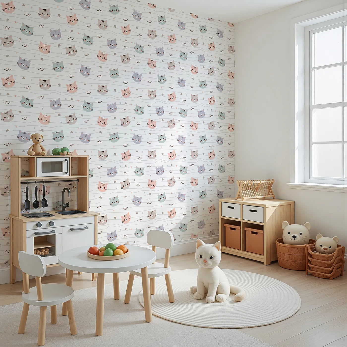 Angled view of Whimsy Tots' Whisker Wiggle Cats Wallpaper in White (W3439).Sweet kitty faces peek out across soft wavy lines and stars.