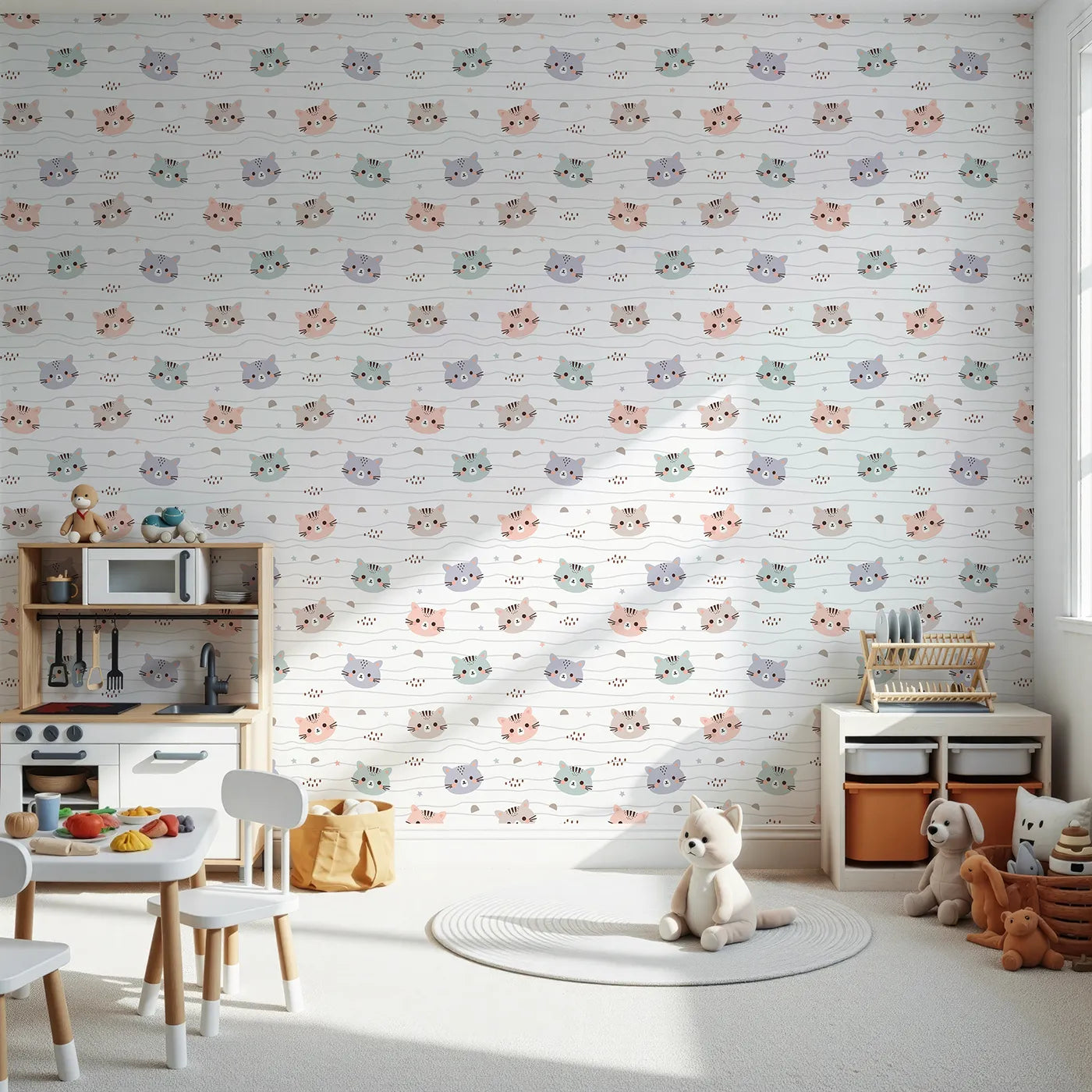 Front view of Whimsy Tots' Whisker Wiggle Cats Wallpaper in White