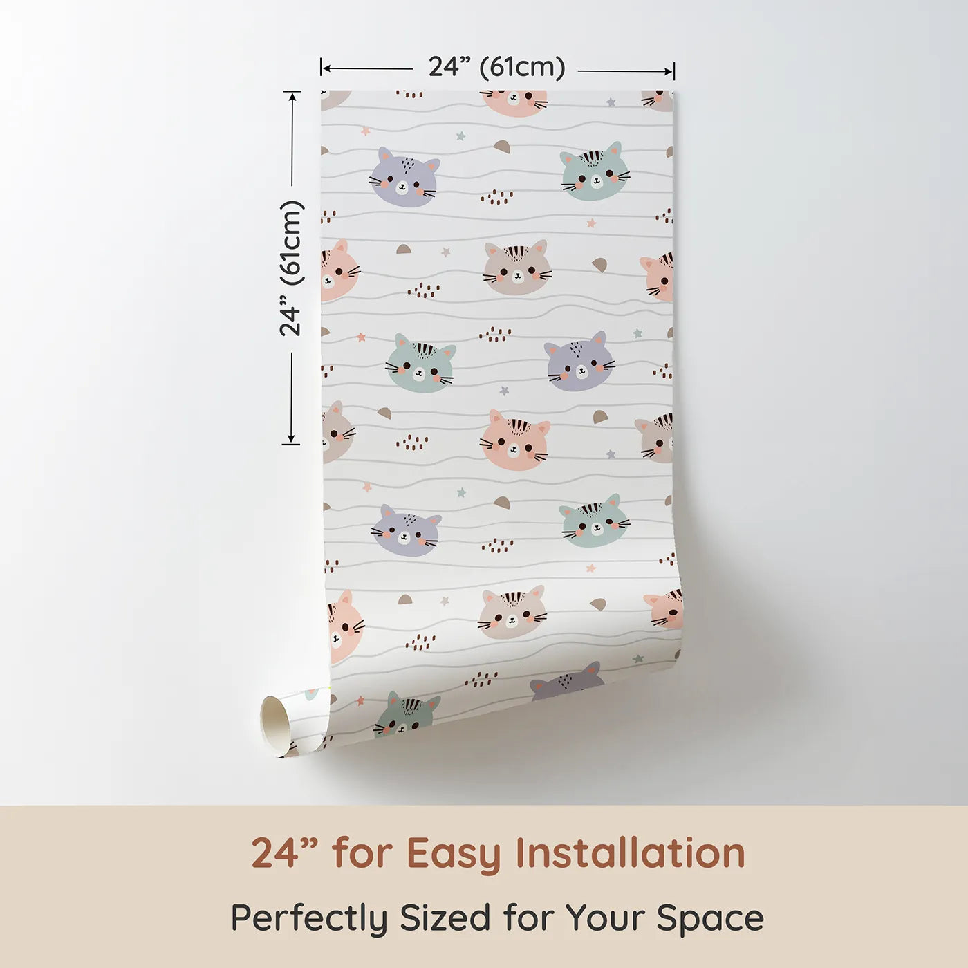 Dimension view of Whimsy Tots Whisker Wiggle Cats Wallpaper in White (W3439). Printed in 24-inch-wide panel for easy installation. Sweet kitty faces peek out across soft wavy lines and stars.