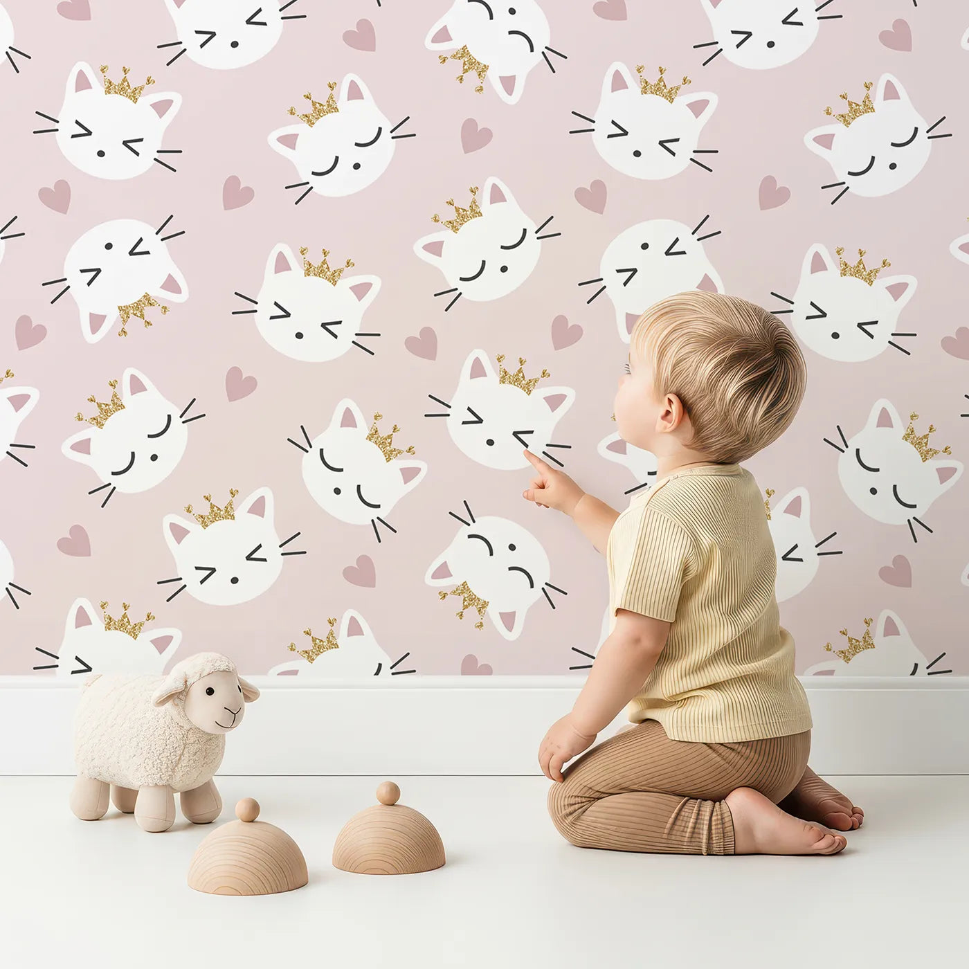 Lovely child standing in front of Whimsy Tots Royal Kitty Wink Wallpaper in Pink with cat, heart, crown in design.