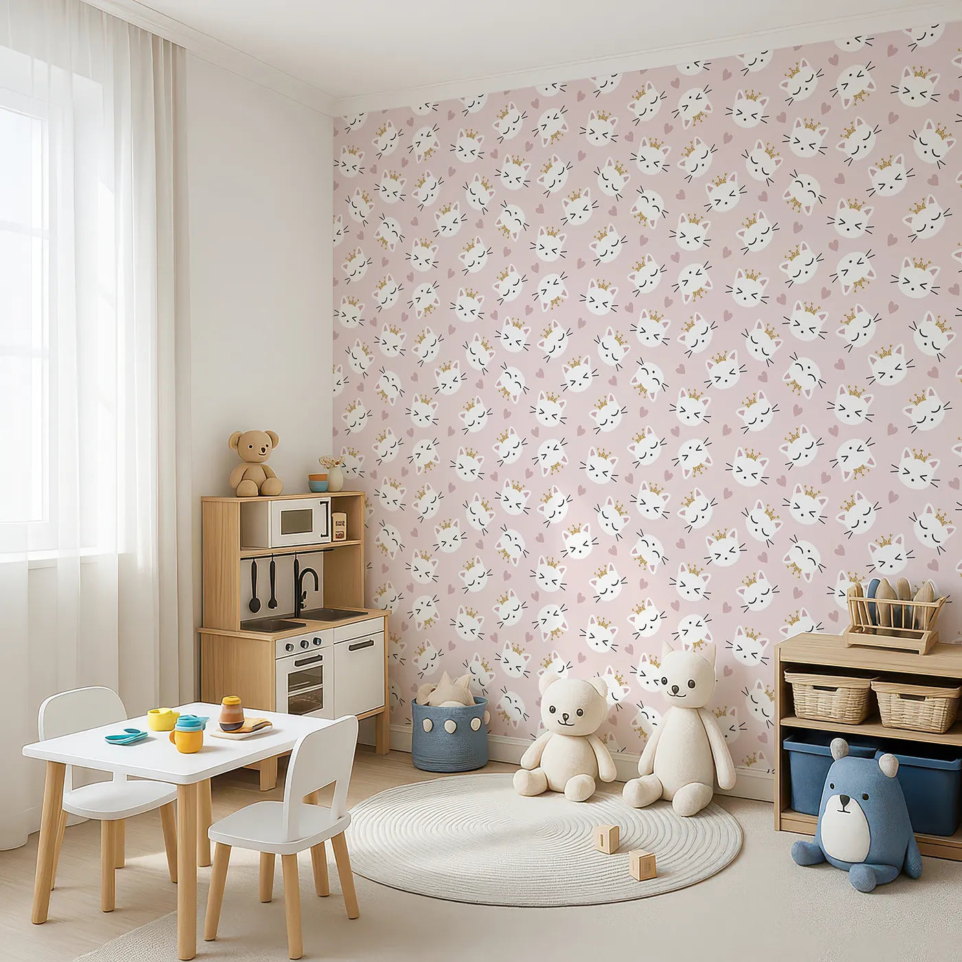 Angled view of Whimsy Tots' Royal Kitty Wink Wallpaper in Pink (W3440A).Crowned kittens and cozy hearts create a playful, royal retreat.