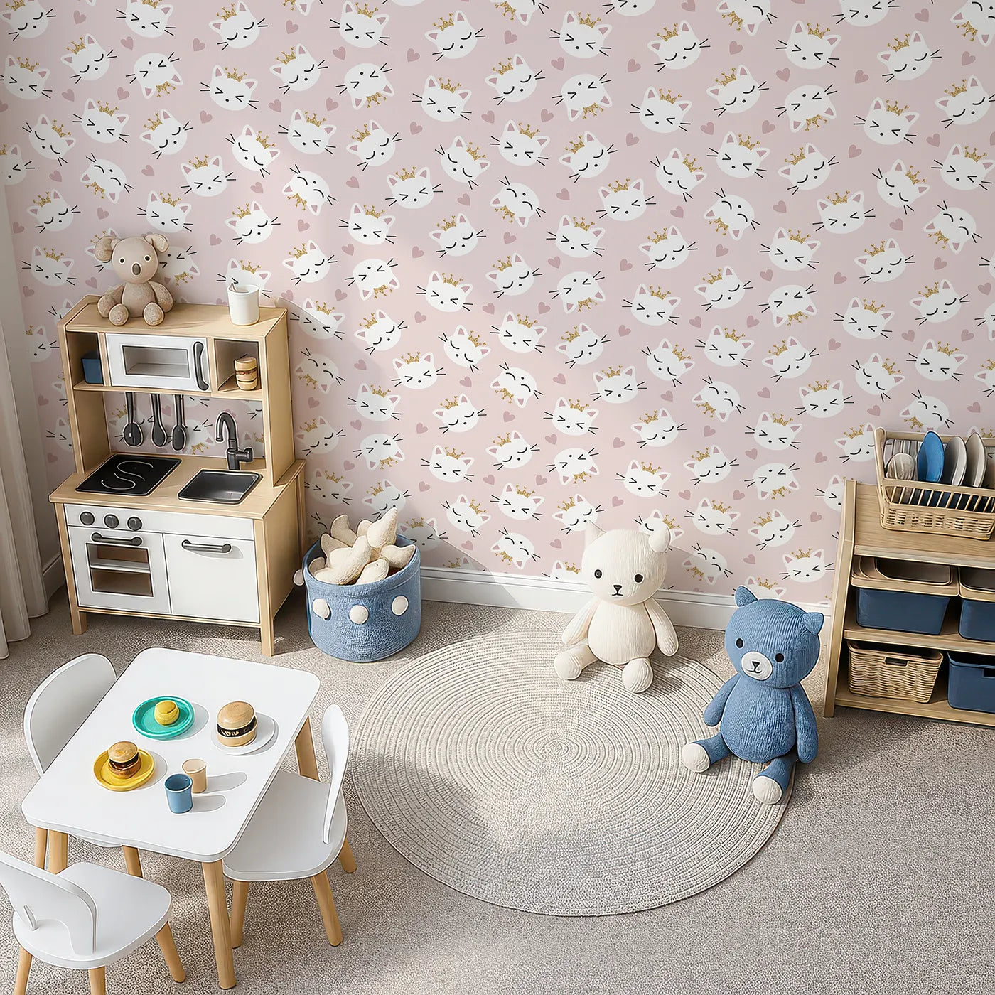 Top-Down view of Whimsy Tots' Royal Kitty Wink Wallpaper in Pink (W3440A).Crowned kittens and cozy hearts create a playful, royal retreat.