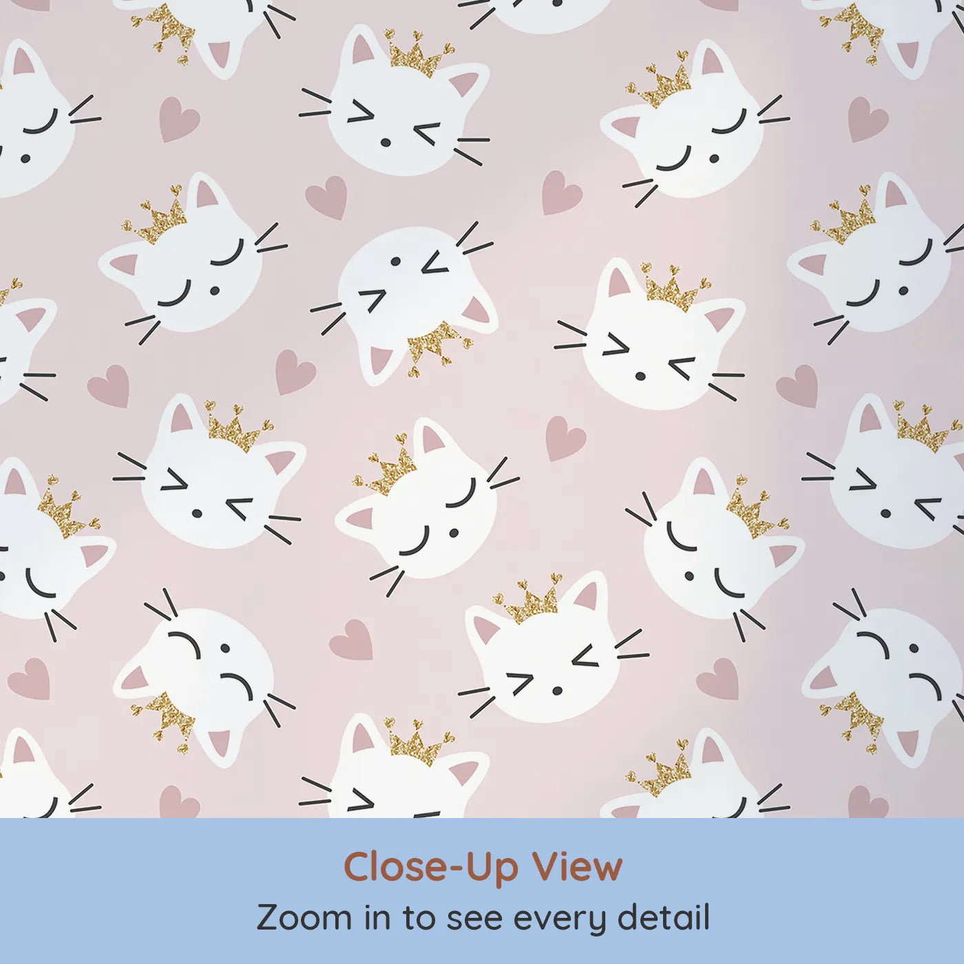 Close-up view of Whimsy Tots' Royal Kitty Wink Wallpaper in Pink (W3440A).Crowned kittens and cozy hearts create a playful, royal retreat.