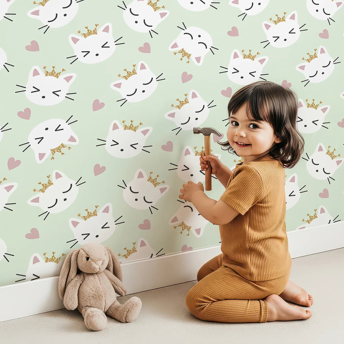 Lovely child standing in front of Whimsy Tots Royal Kitty Wink Wallpaper in Mint Green with cat, heart, crown in design.