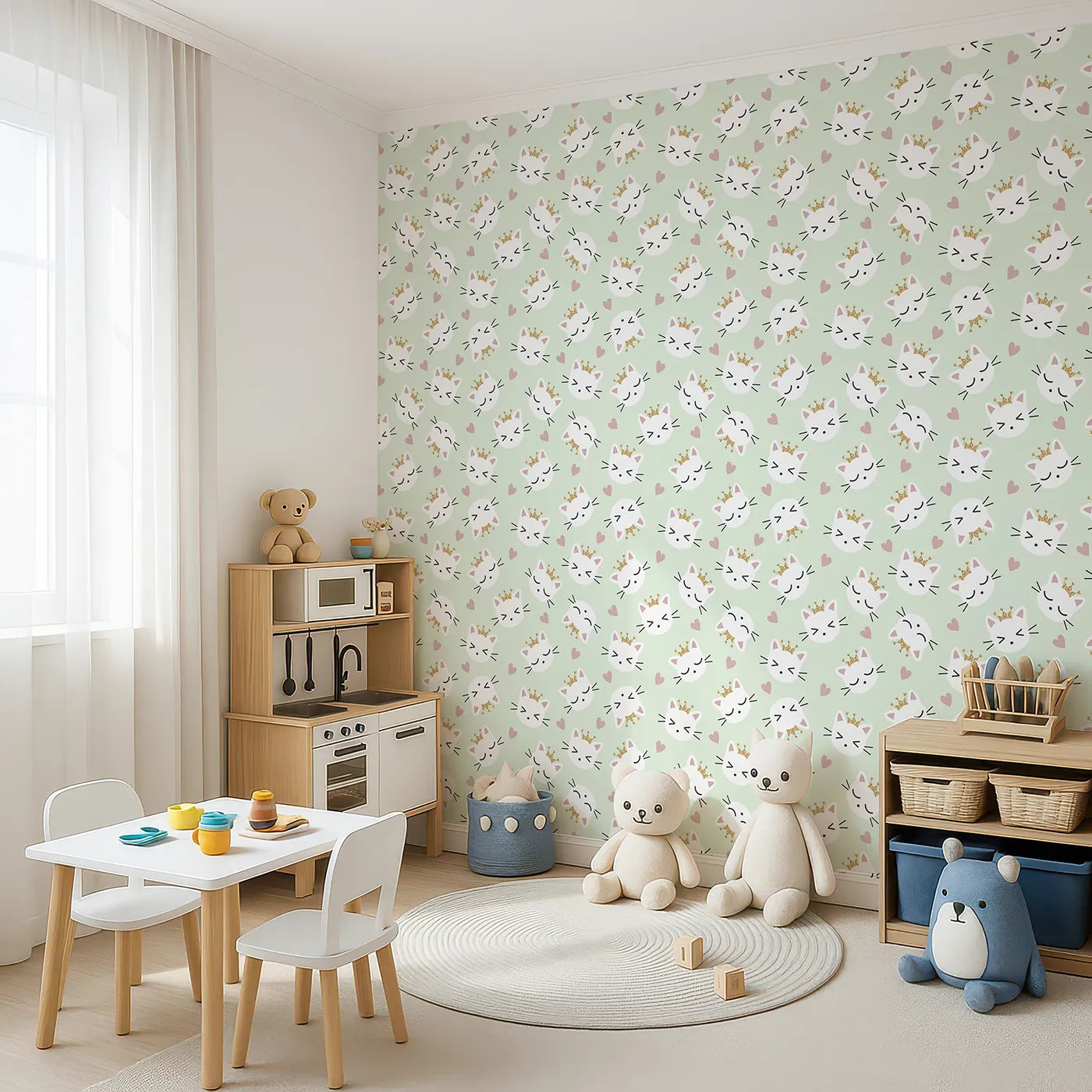 Angled view of Whimsy Tots' Royal Kitty Wink Wallpaper in Mint Green (W3440B).Crowned kittens and soft hearts create a cool, playful kingdom.