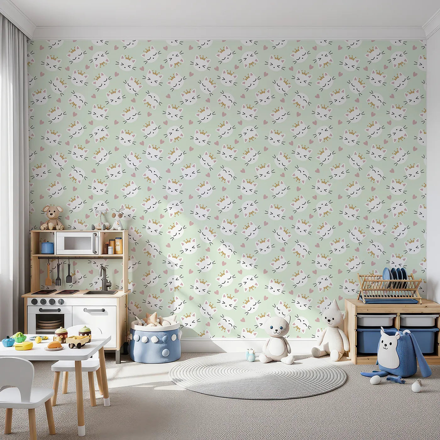 Front view of Whimsy Tots' Royal Kitty Wink Wallpaper in Mint Green