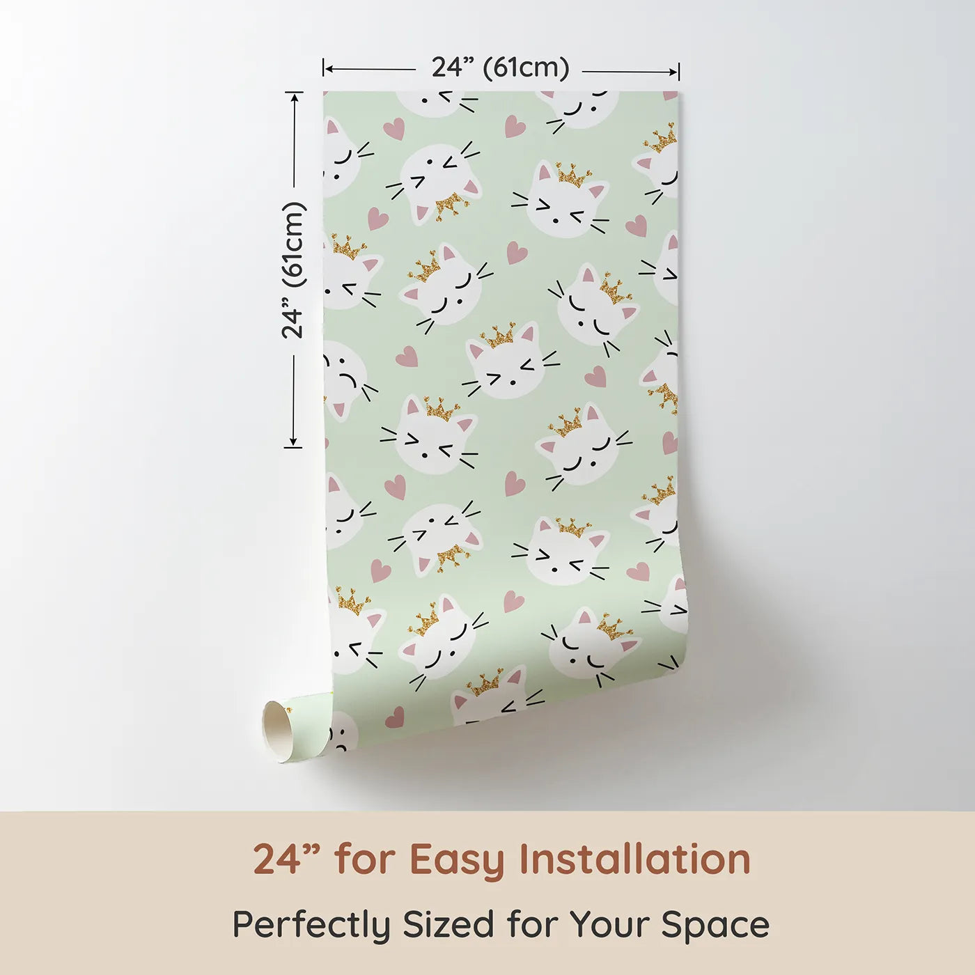 Dimension view of Whimsy Tots Royal Kitty Wink Wallpaper in Mint Green (W3440B). Printed in 24-inch-wide panel for easy installation. Crowned kittens and soft hearts create a cool, playful kingdom.