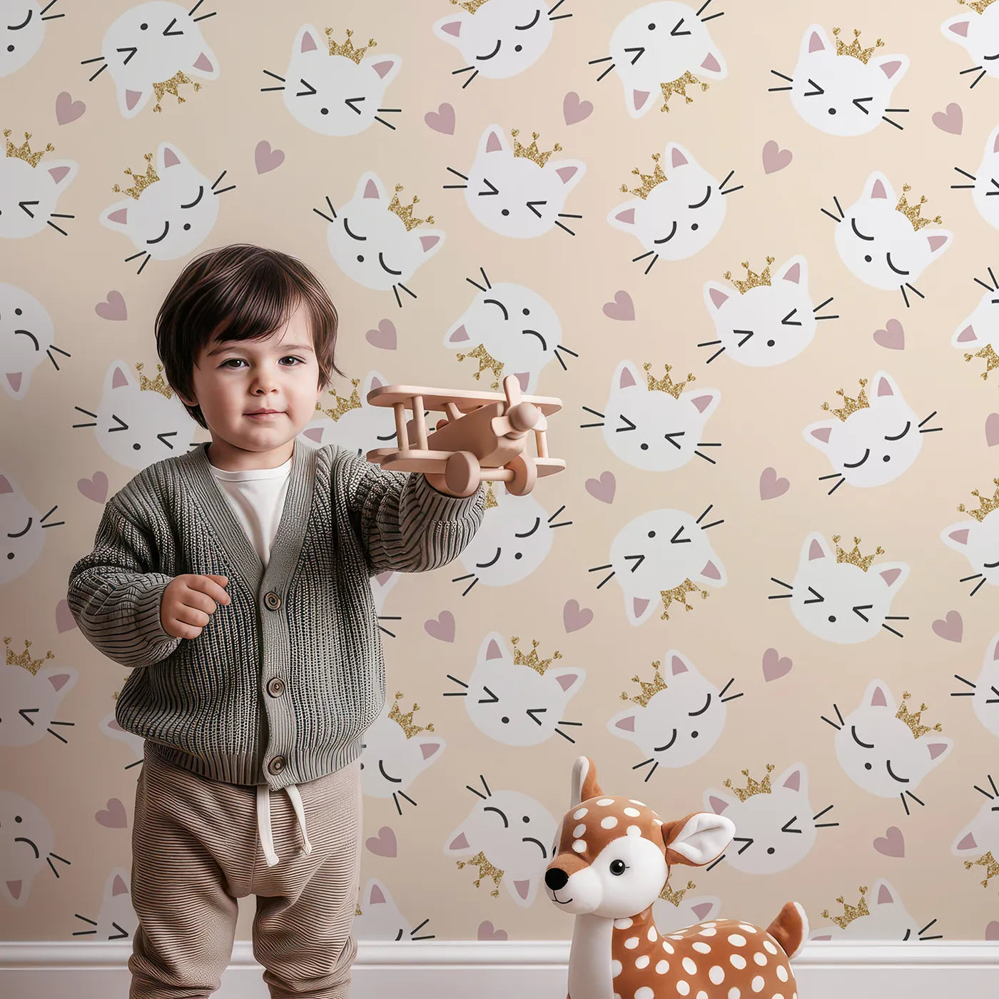 Lovely child standing in front of Whimsy Tots Royal Kitty Wink Wallpaper in Peach with cat, heart, crown in design.