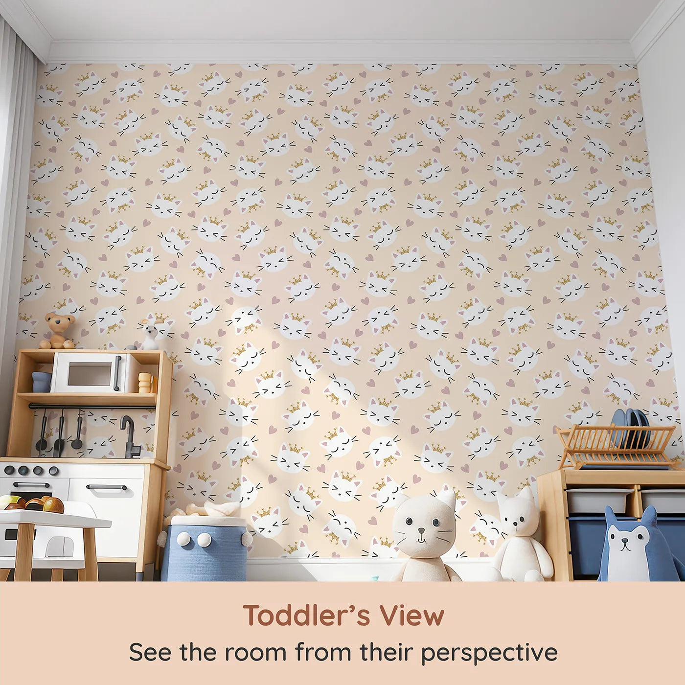 Whimsy Tots Royal Kitty Wink Wallpaper in Peach (W3440C) from your child's view.Crowned kittens and blushing hearts fill the space with warmth and charm.
