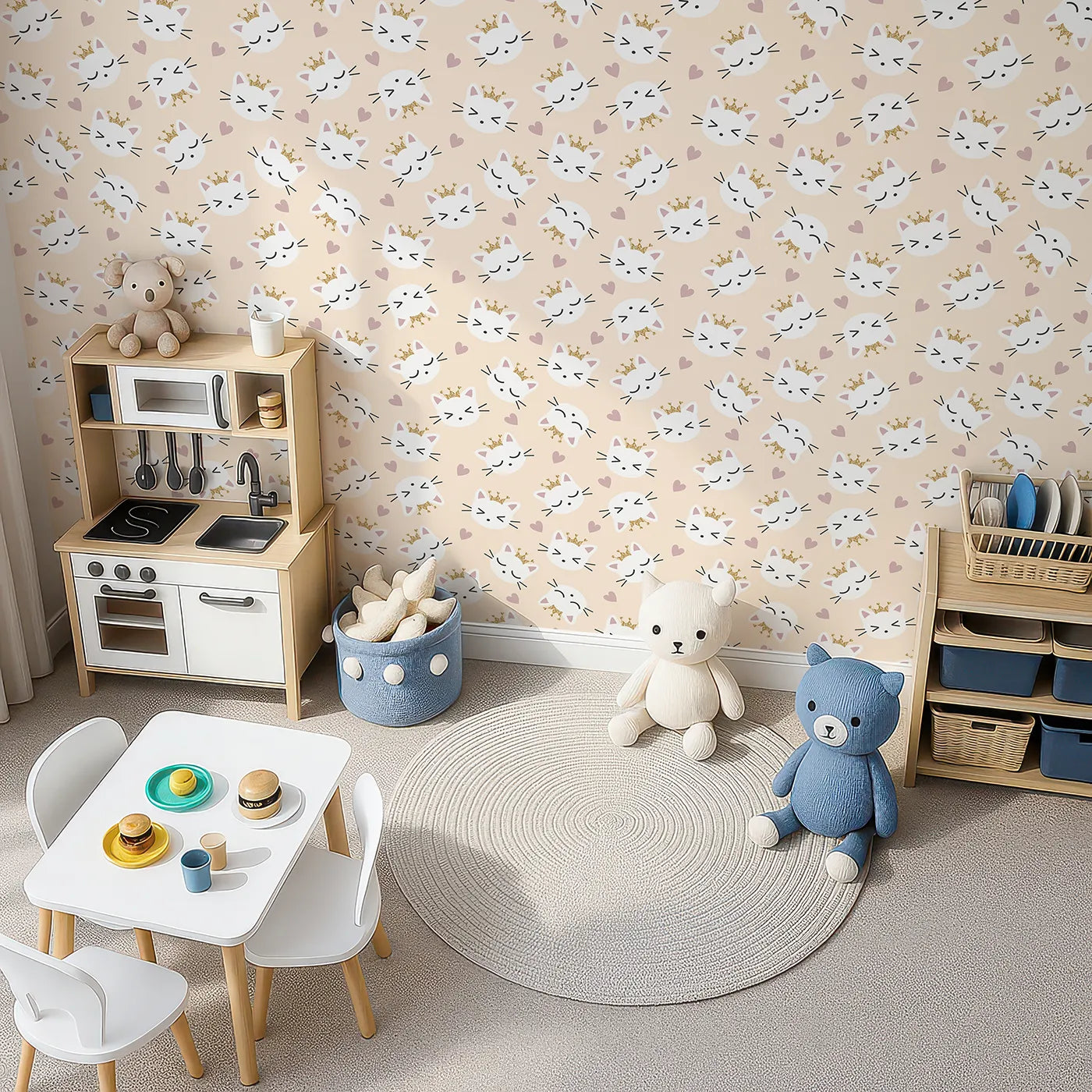 Top-Down view of Whimsy Tots' Royal Kitty Wink Wallpaper in Peach (W3440C).Crowned kittens and blushing hearts fill the space with warmth and charm.