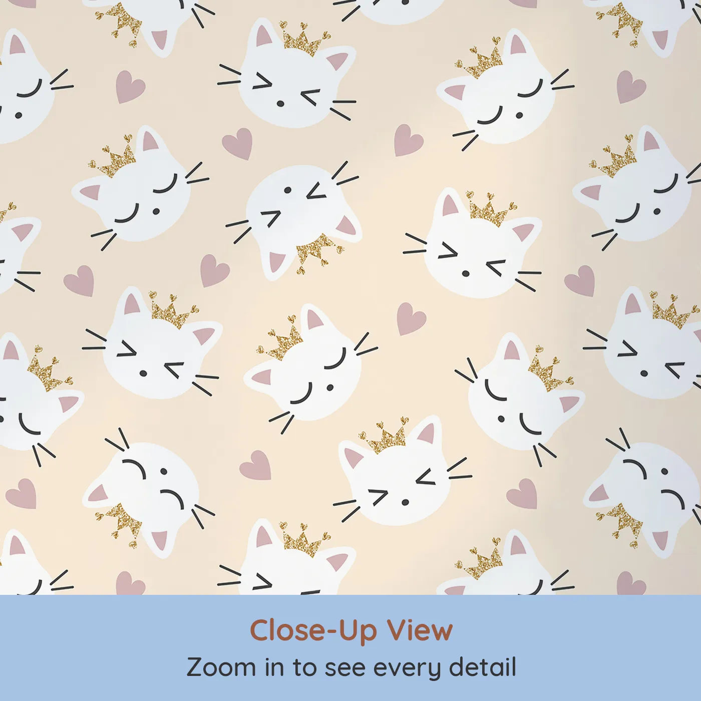 Close-up view of Whimsy Tots' Royal Kitty Wink Wallpaper in Peach (W3440C).Crowned kittens and blushing hearts fill the space with warmth and charm.