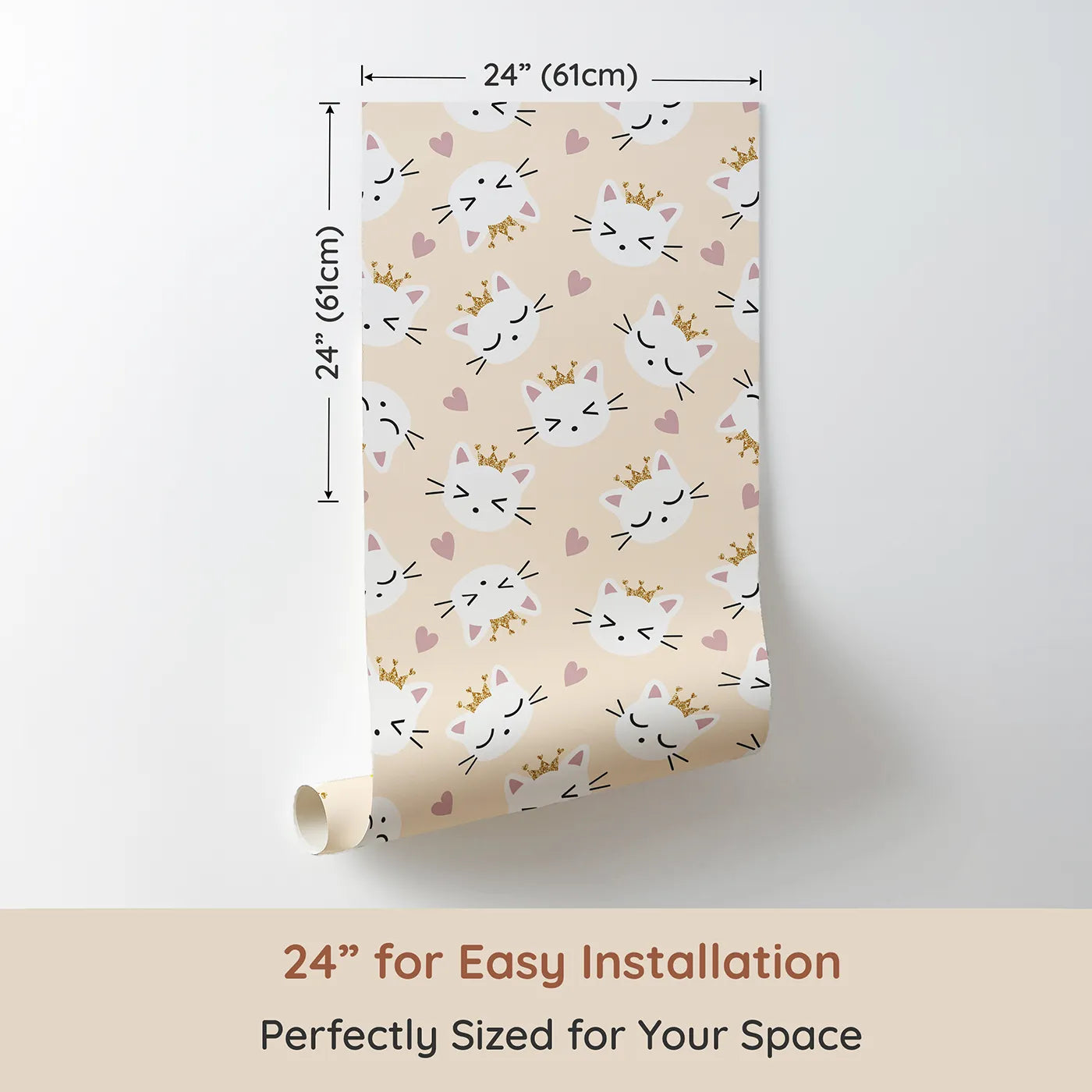Dimension view of Whimsy Tots Royal Kitty Wink Wallpaper in Peach (W3440C). Printed in 24-inch-wide panel for easy installation. Crowned kittens and blushing hearts fill the space with warmth and charm.