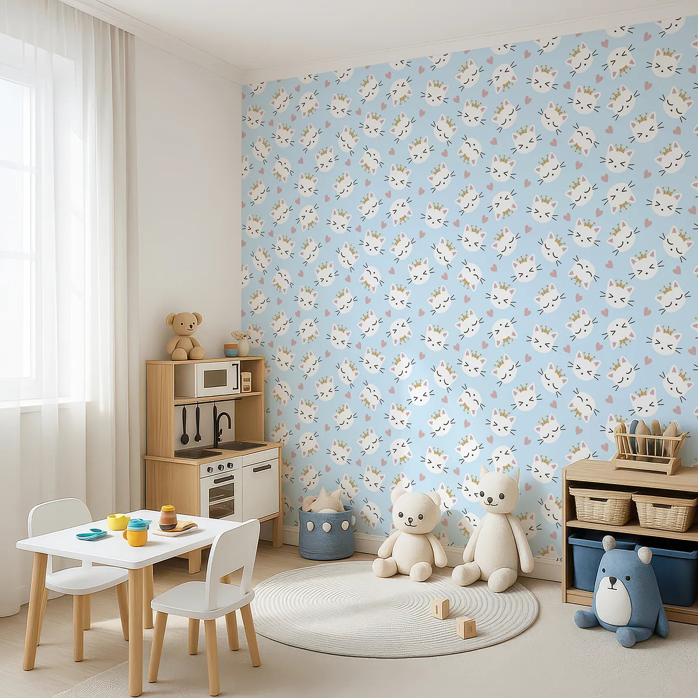 Angled view of Whimsy Tots' Royal Kitty Wink Wallpaper in Blue (W3440D).Winking kittens and soft hearts float across a dreamy blue sky.