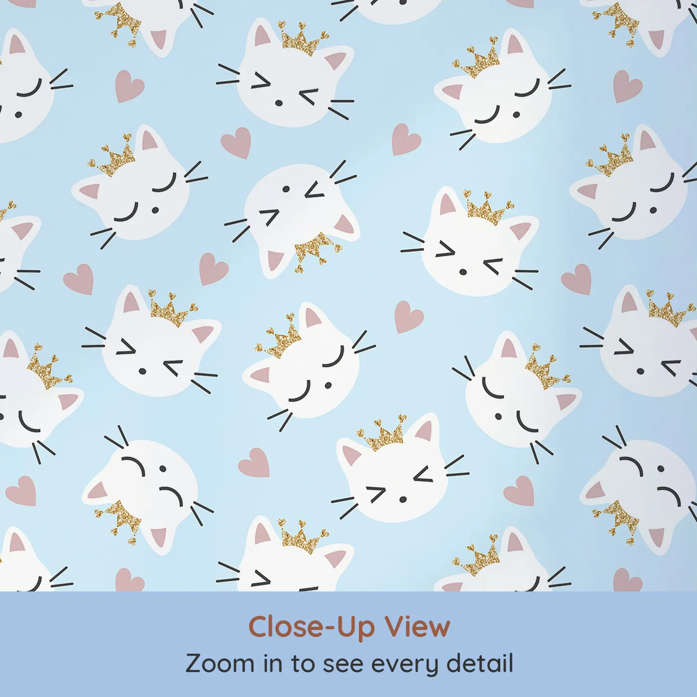Close-up view of Whimsy Tots' Royal Kitty Wink Wallpaper in Blue (W3440D).Winking kittens and soft hearts float across a dreamy blue sky.