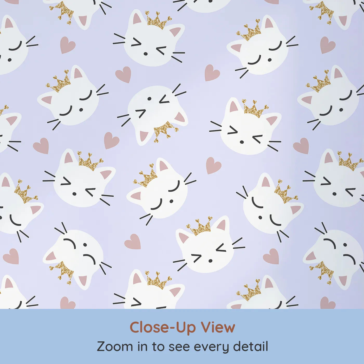 Close-up view of Whimsy Tots' Royal Kitty Wink Wallpaper in Lilac Lavender (W3440E).Glittering crowns and cuddly kittens float through a soft lilac sky.