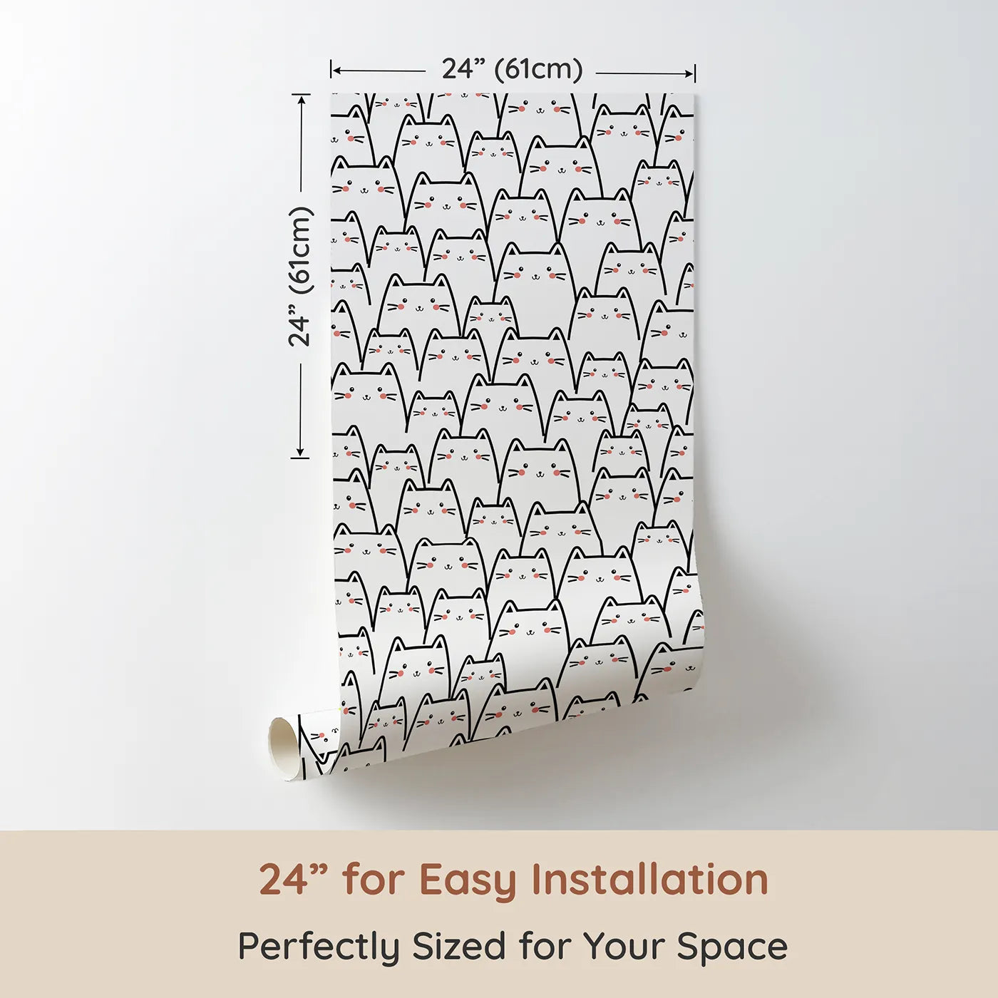 Dimension view of Whimsy Tots Crowd of Cats Wallpaper in White (W3441). Printed in 24-inch-wide panel for easy installation. Cheeky kittens line up with rosy cheeks and gentle smiles.