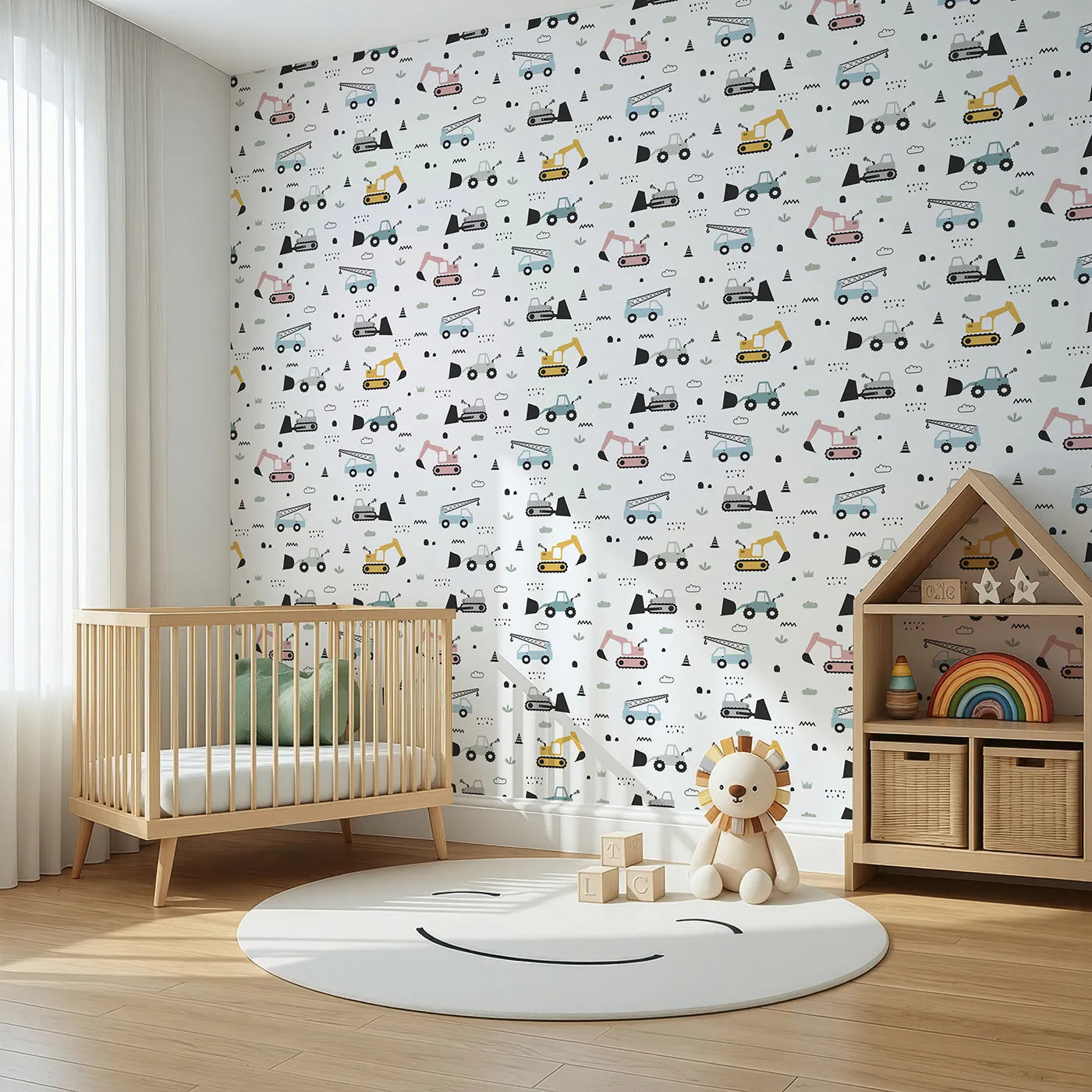 Angled view of Whimsy Tots' Digger Parade Wallpaper in White (W3442A).Colorful diggers and cranes roll through a playful worksite of wonder.