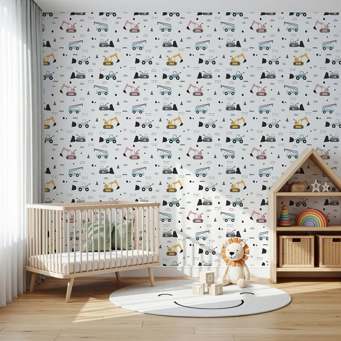 Front view of Whimsy Tots' Digger Parade Wallpaper in White