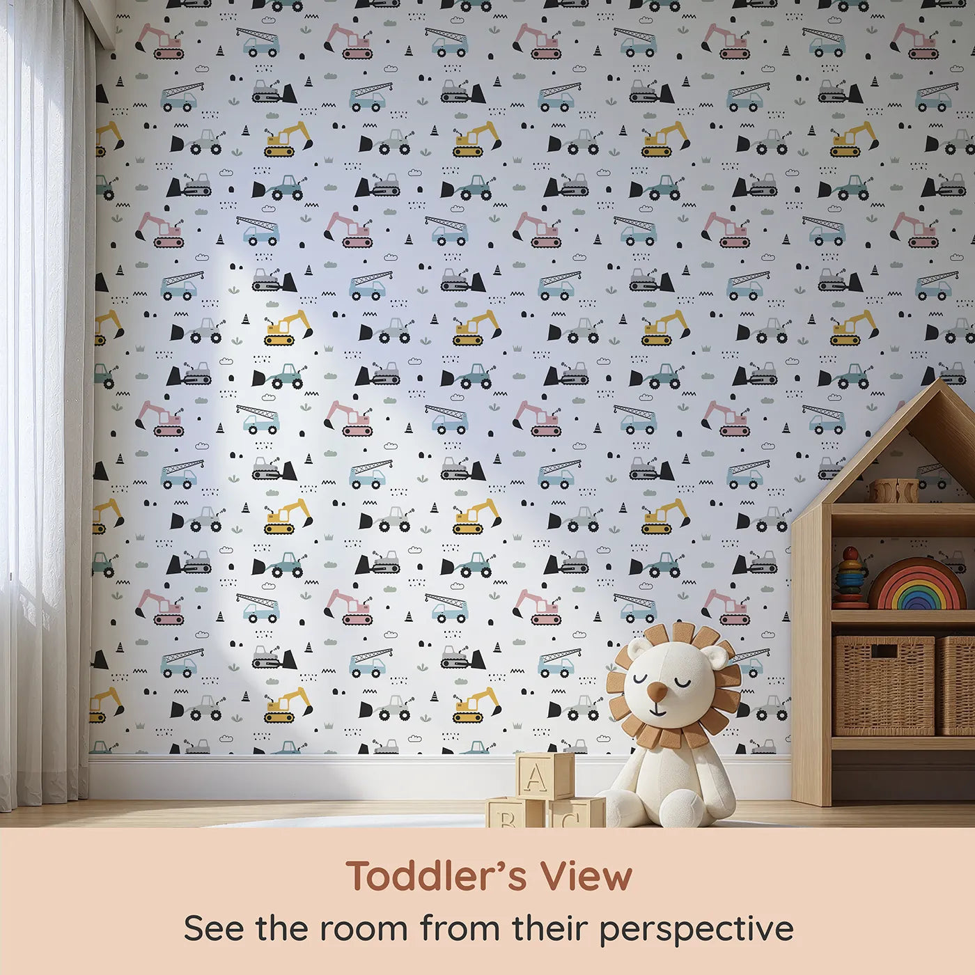 Whimsy Tots Digger Parade Wallpaper in White (W3442A) from your child's view.Colorful diggers and cranes roll through a playful worksite of wonder.