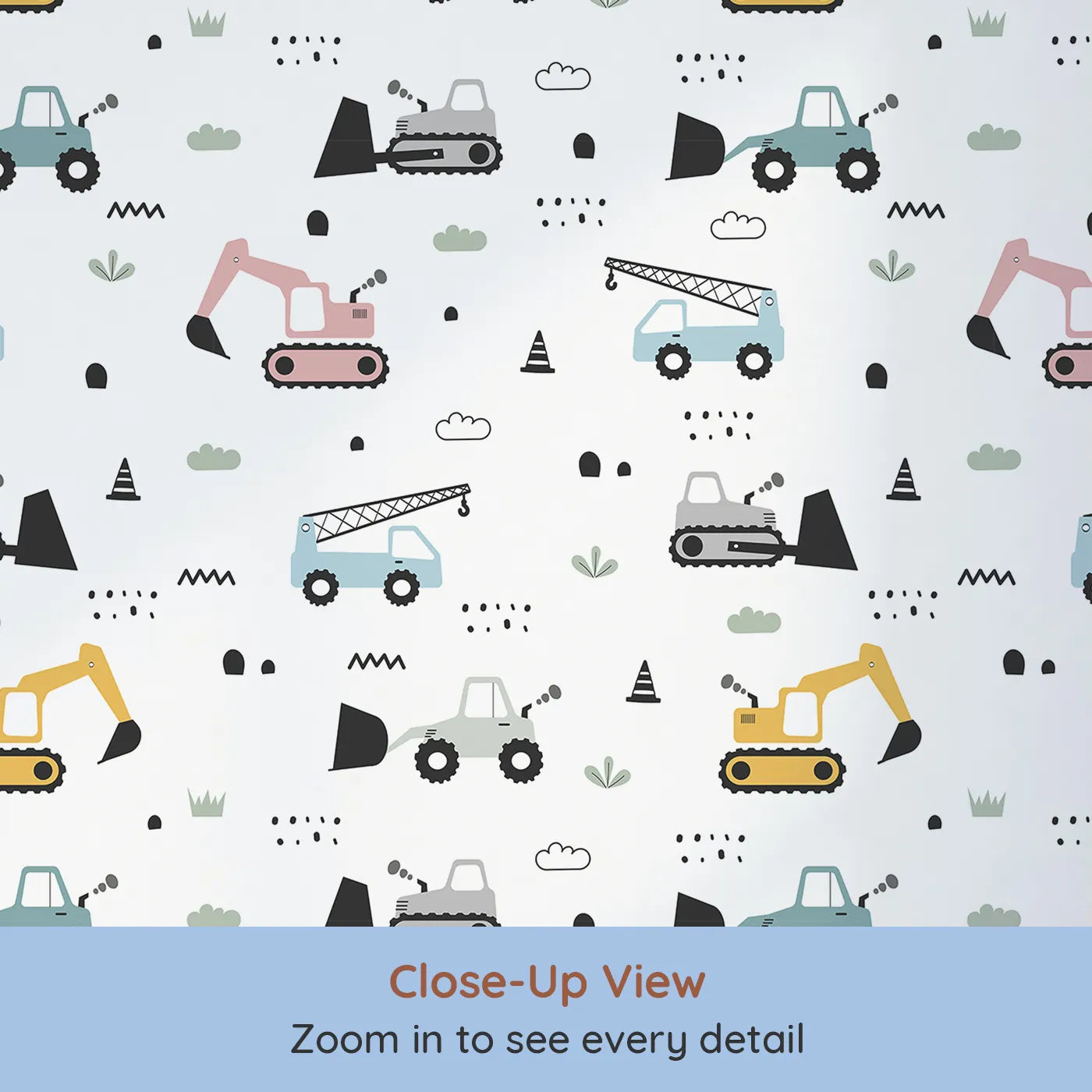 Close-up view of Whimsy Tots' Digger Parade Wallpaper in White (W3442A).Colorful diggers and cranes roll through a playful worksite of wonder.