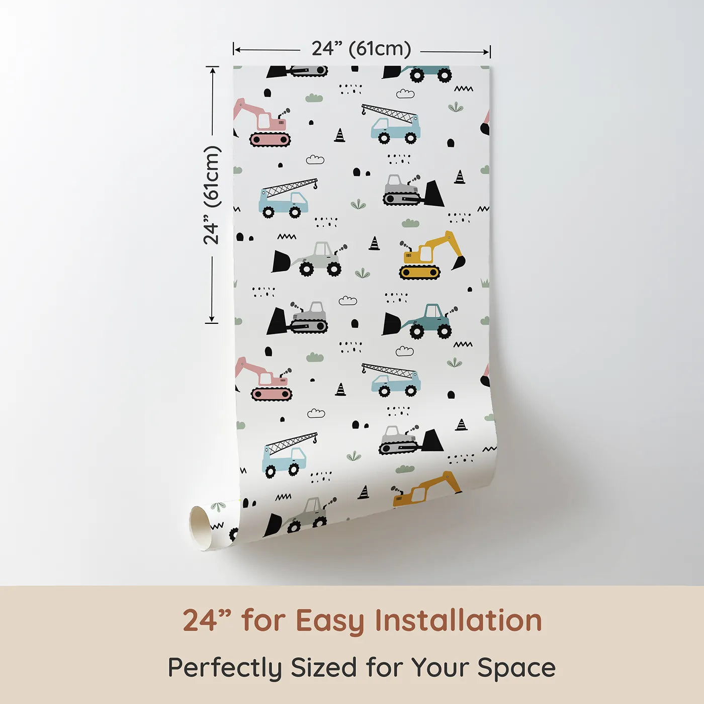 Dimension view of Whimsy Tots Digger Parade Wallpaper in White (W3442A). Printed in 24-inch-wide panel for easy installation. Colorful diggers and cranes roll through a playful worksite of wonder.