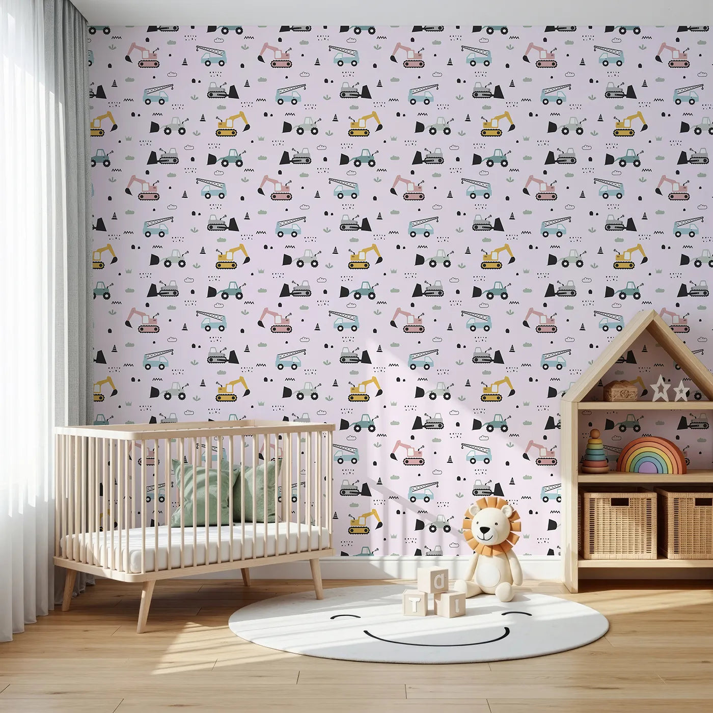 Front view of Whimsy Tots' Digger Parade Wallpaper in Pink