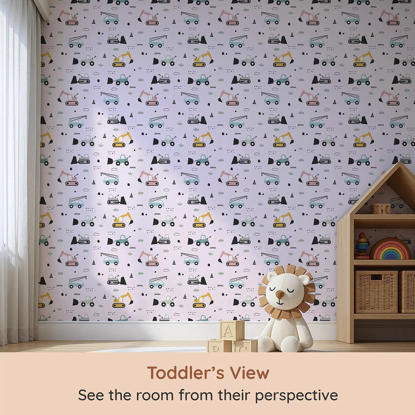 Whimsy Tots Digger Parade Wallpaper in Pink (W3442B) from your child's view.Pastel trucks and diggers roll across a soft pink backdrop of fun.