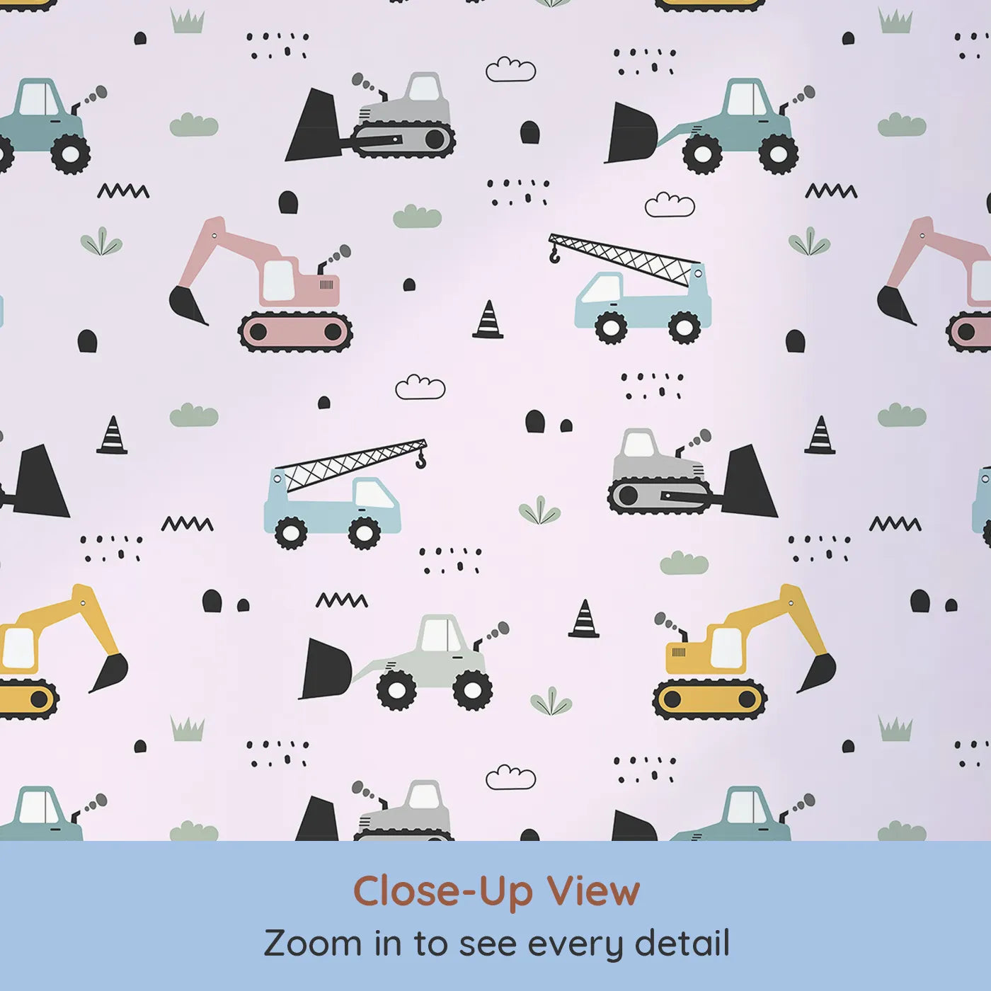 Close-up view of Whimsy Tots' Digger Parade Wallpaper in Pink (W3442B).Pastel trucks and diggers roll across a soft pink backdrop of fun.