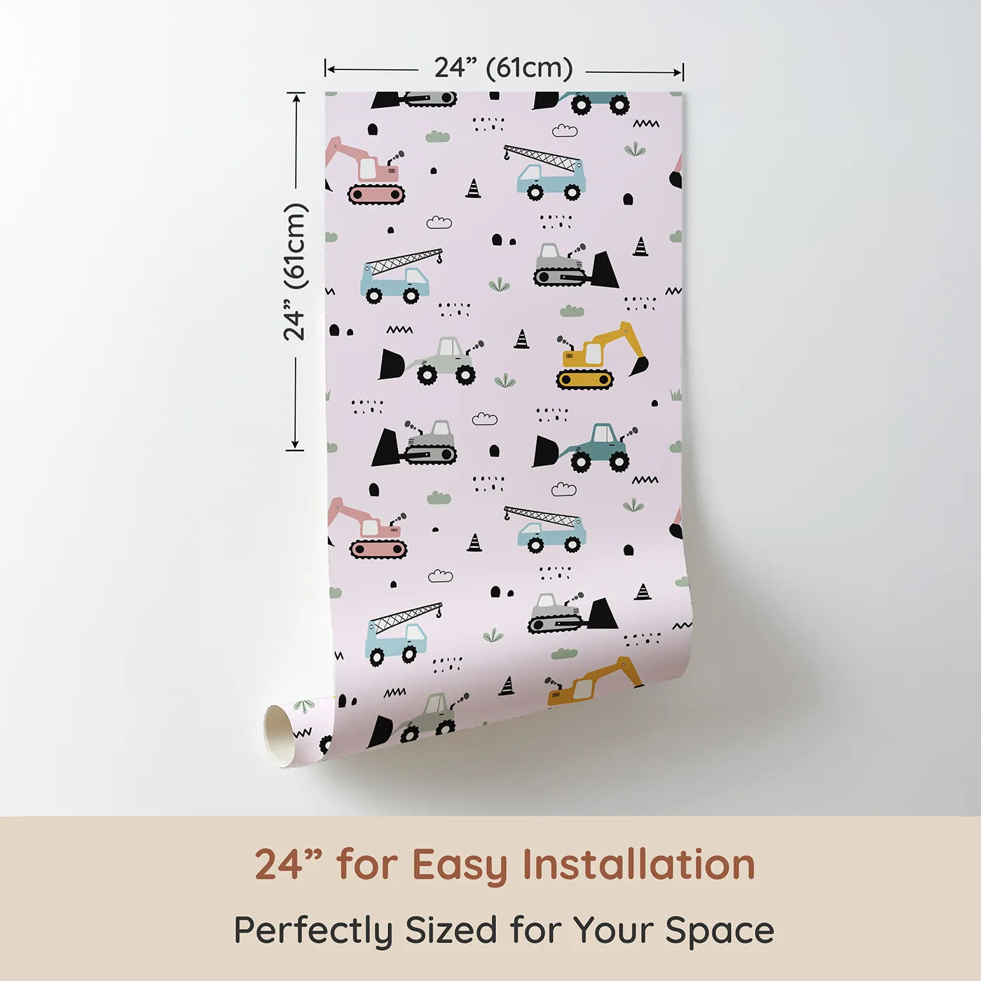 Dimension view of Whimsy Tots Digger Parade Wallpaper in Pink (W3442B). Printed in 24-inch-wide panel for easy installation. Pastel trucks and diggers roll across a soft pink backdrop of fun.