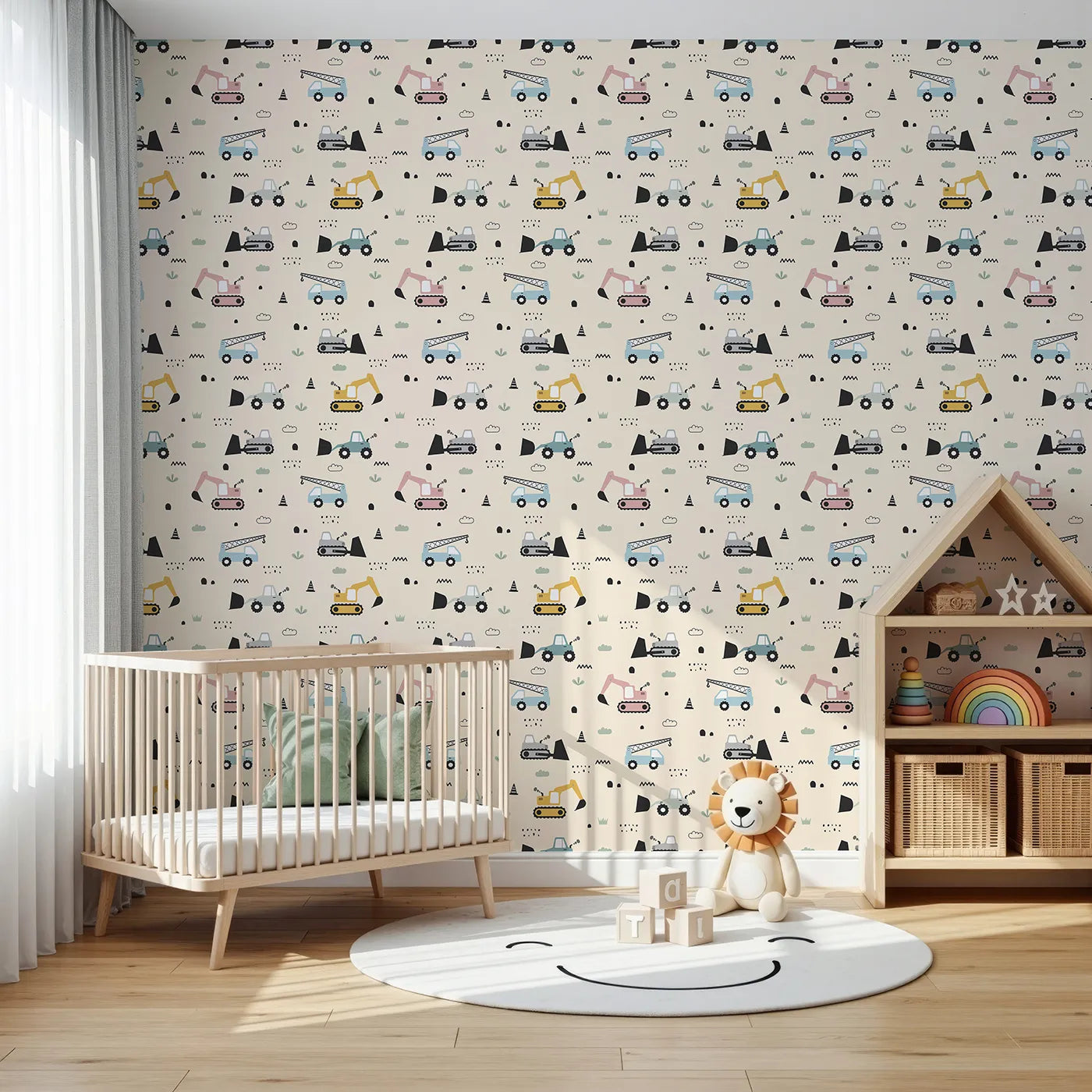 Front view of Whimsy Tots' Digger Parade Wallpaper in Peach