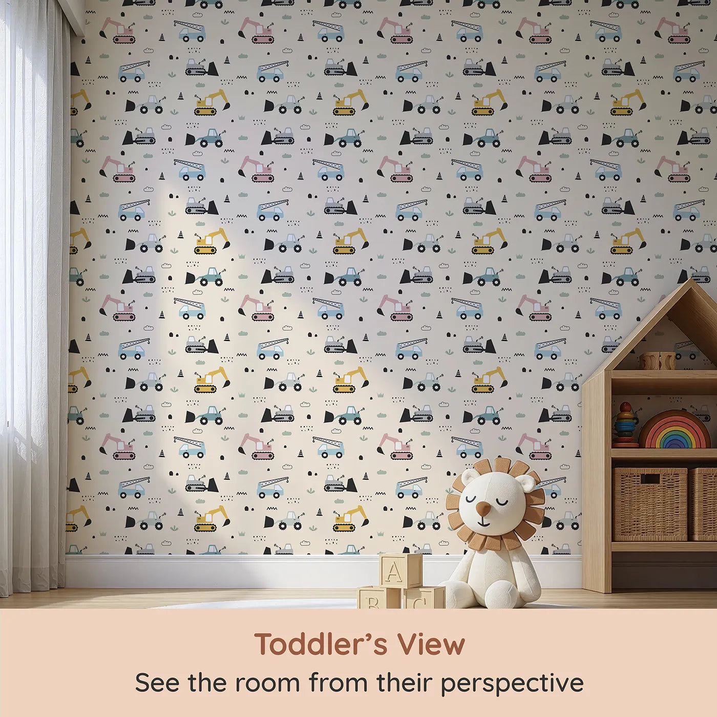 Whimsy Tots Digger Parade Wallpaper in Peach (W3442C) from your child's view.Playful diggers and cranes roll across a sunlit peach scene.