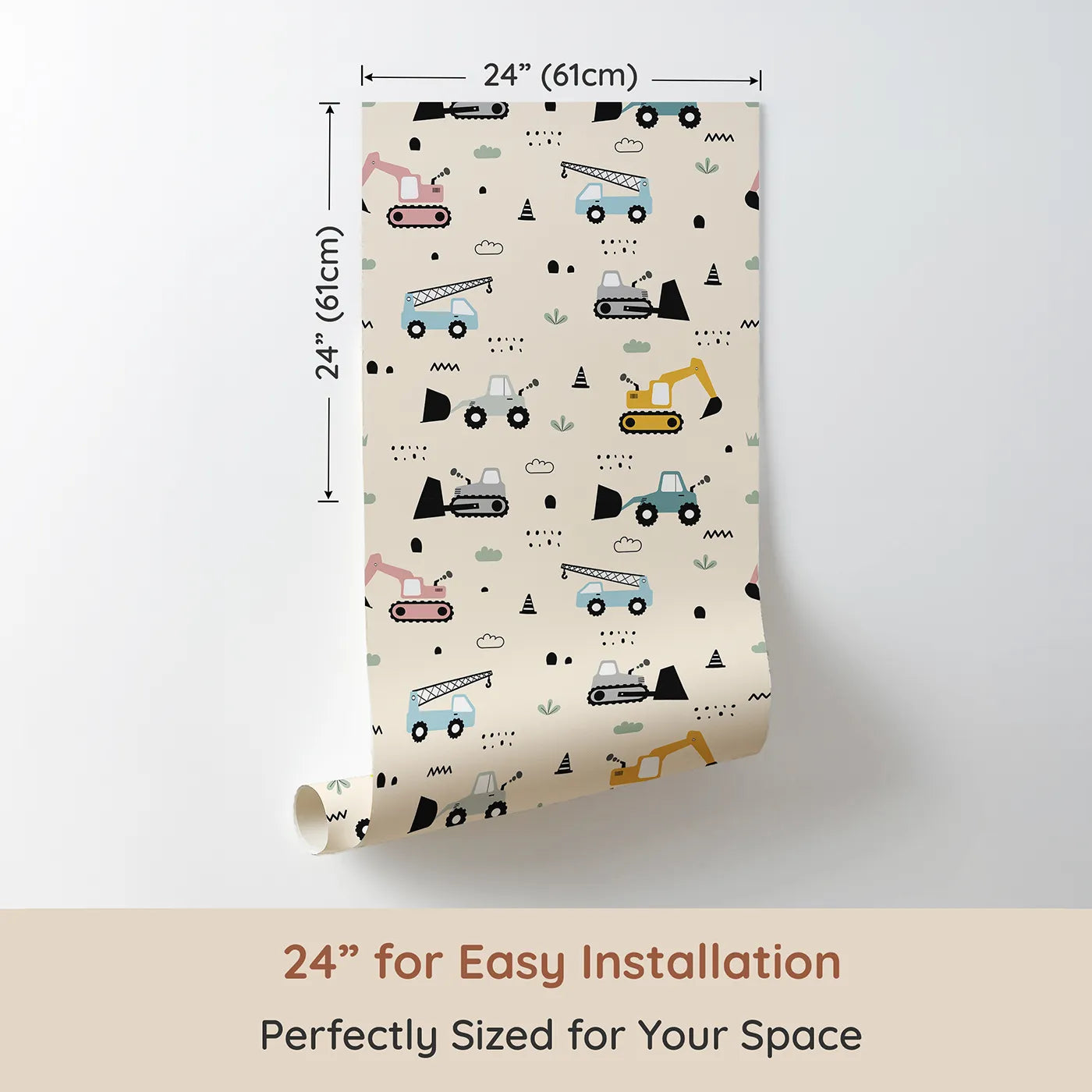 Dimension view of Whimsy Tots Digger Parade Wallpaper in Peach (W3442C). Printed in 24-inch-wide panel for easy installation. Playful diggers and cranes roll across a sunlit peach scene.