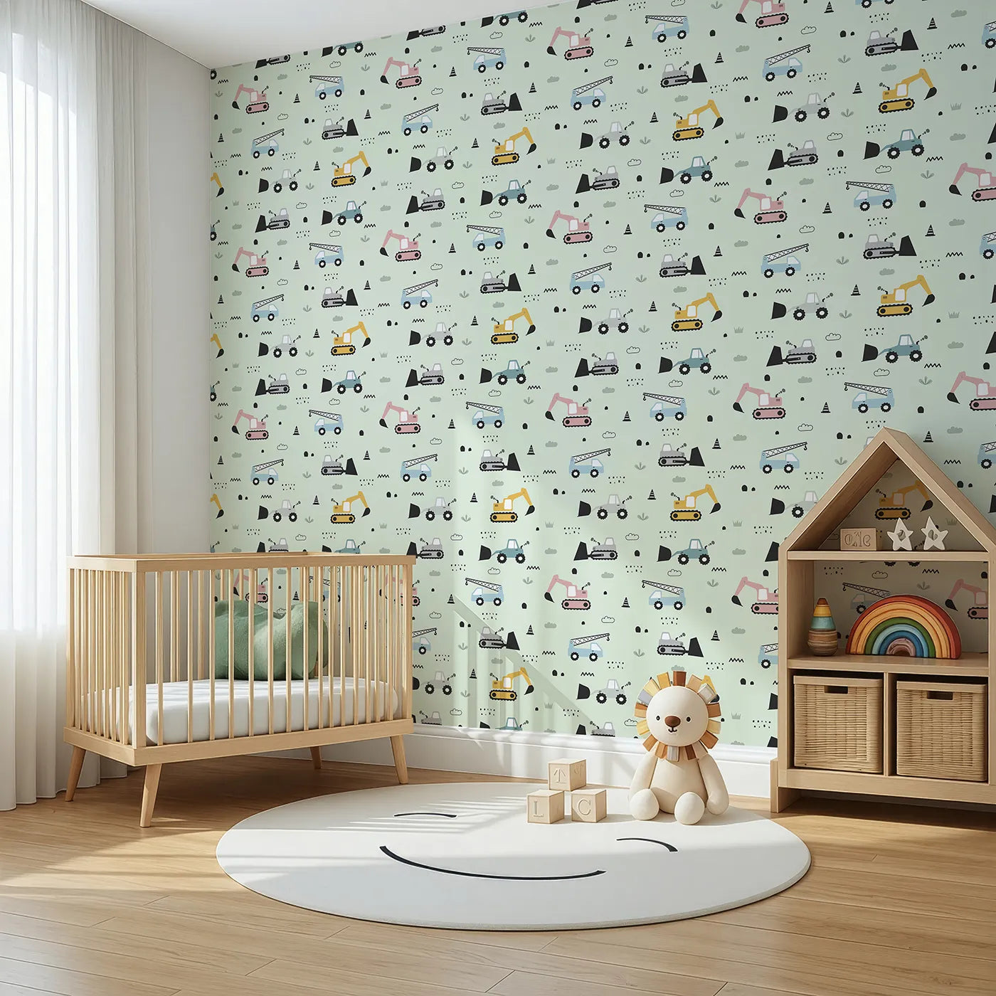 Angled view of Whimsy Tots' Digger Parade Wallpaper in Mint Green (W3442D).Soft-toned trucks and cranes create a cool, calming worksite.