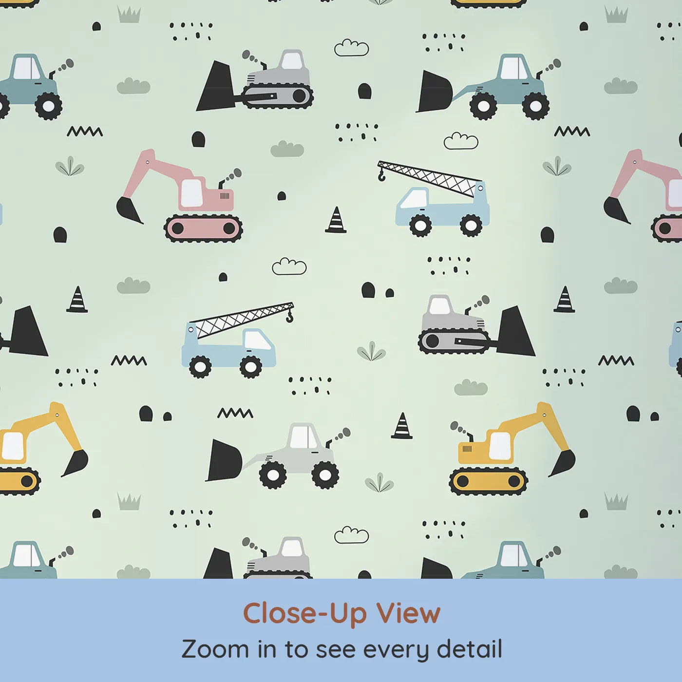 Close-up view of Whimsy Tots' Digger Parade Wallpaper in Mint Green (W3442D).Soft-toned trucks and cranes create a cool, calming worksite.