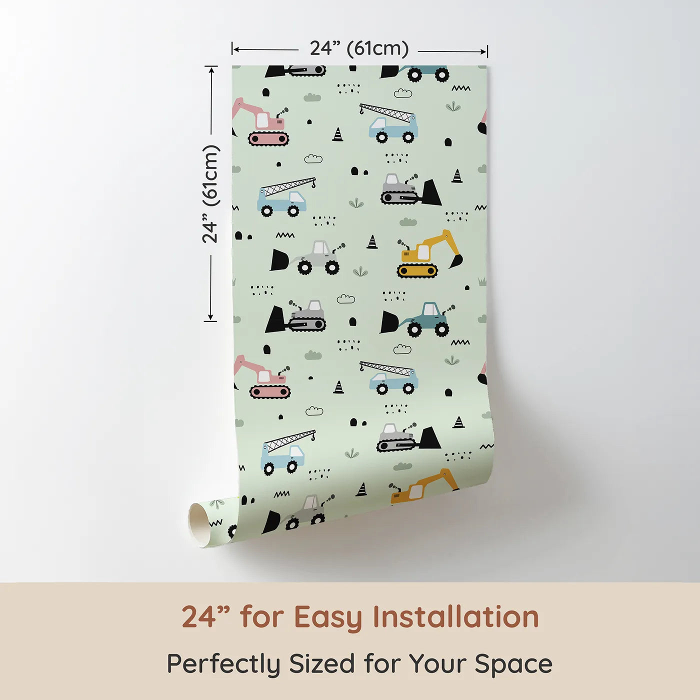 Dimension view of Whimsy Tots Digger Parade Wallpaper in Mint Green (W3442D). Printed in 24-inch-wide panel for easy installation. Soft-toned trucks and cranes create a cool, calming worksite.