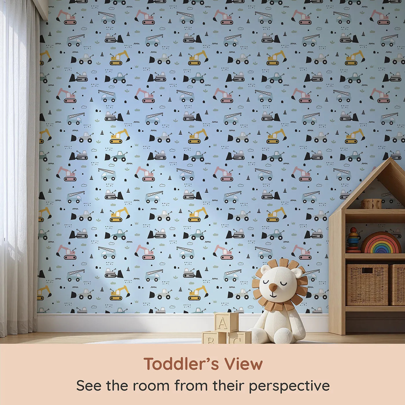 Whimsy Tots Digger Parade Wallpaper in Blue (W3442E) from your child's view.Bold machines drive across a fresh blue sky of imagination.