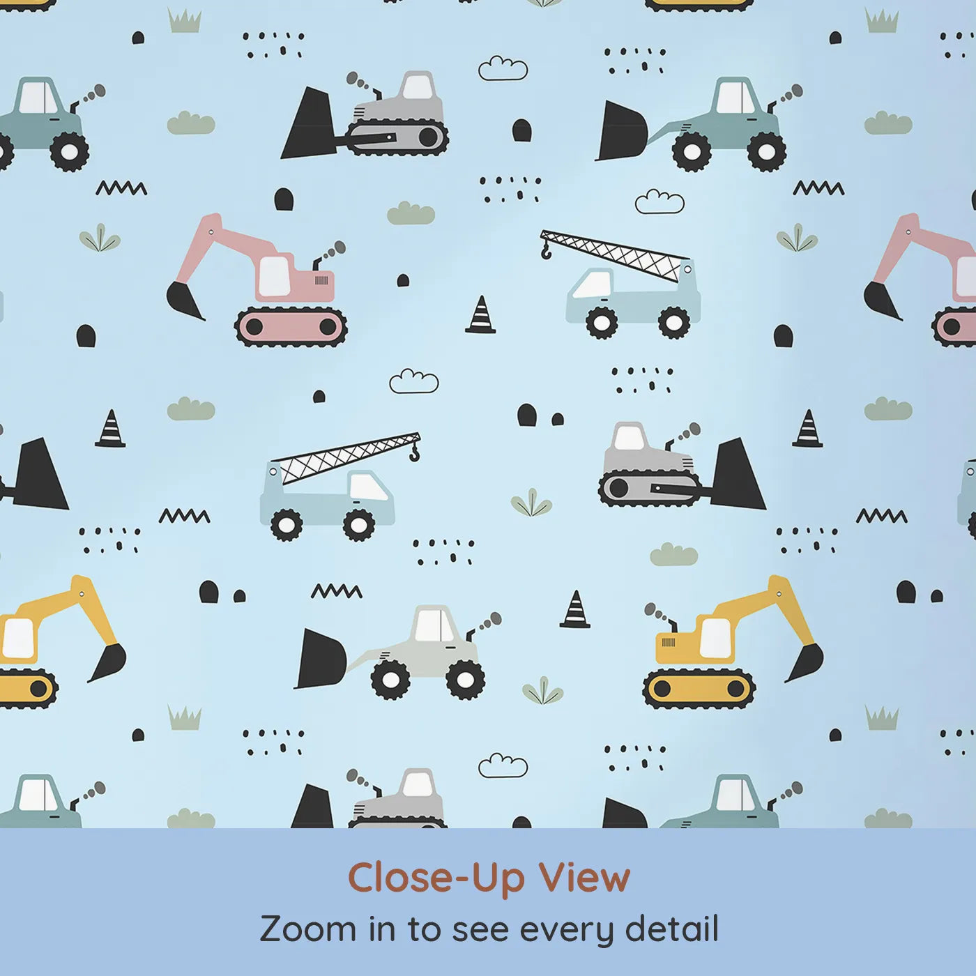 Close-up view of Whimsy Tots' Digger Parade Wallpaper in Blue (W3442E).Bold machines drive across a fresh blue sky of imagination.