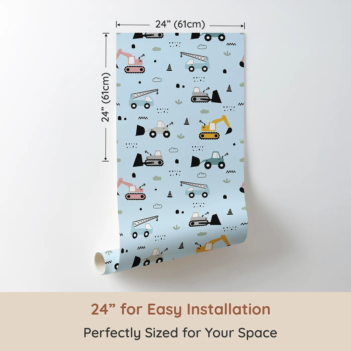 Dimension view of Whimsy Tots Digger Parade Wallpaper in Blue (W3442E). Printed in 24-inch-wide panel for easy installation. Bold machines drive across a fresh blue sky of imagination.