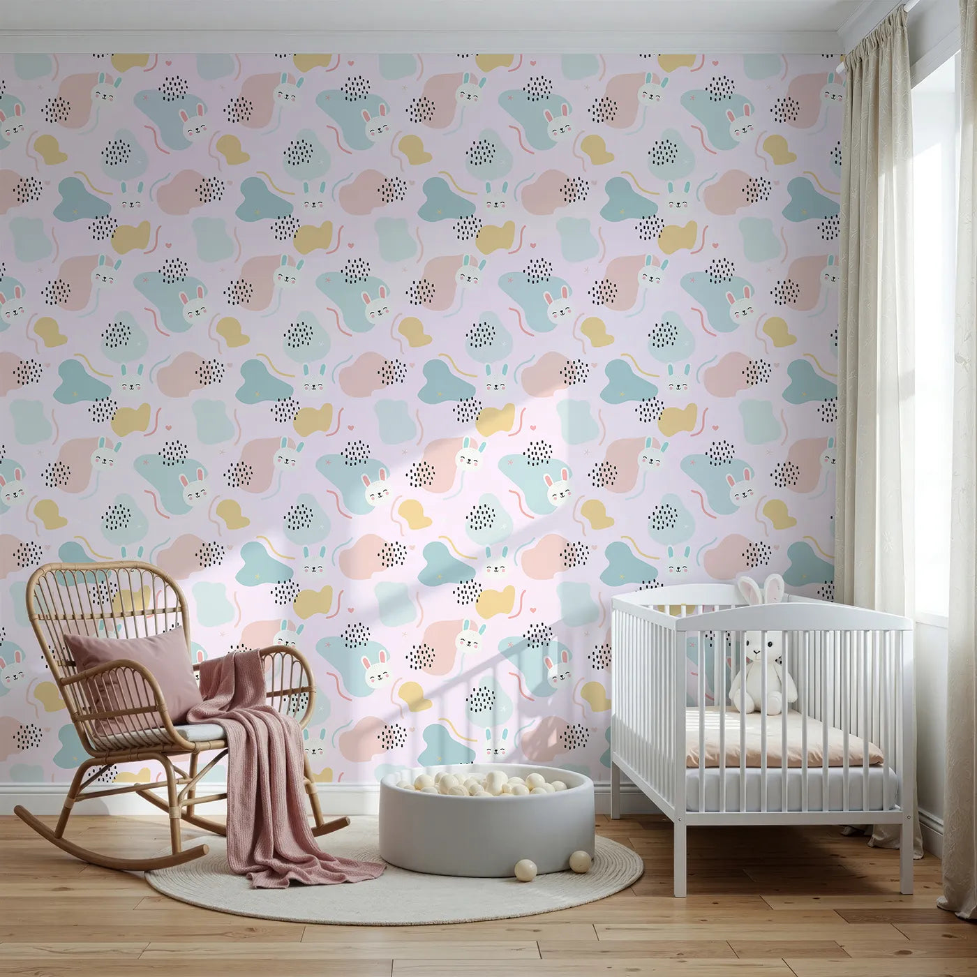Front view of Whimsy Tots' Bunny Bounce Abstract Wallpaper in Blush Pink