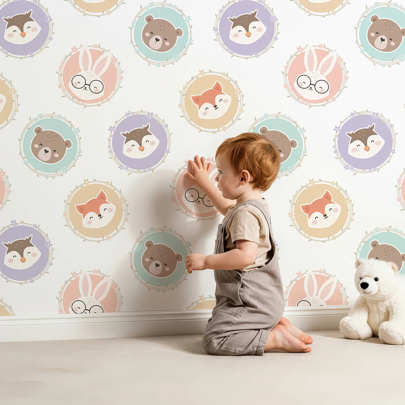 Lovely child standing in front of Whimsy Tots Woodland Buddy Portraits Wallpaper in White with bear, fox, owl, bunny, flower, wreath in design.