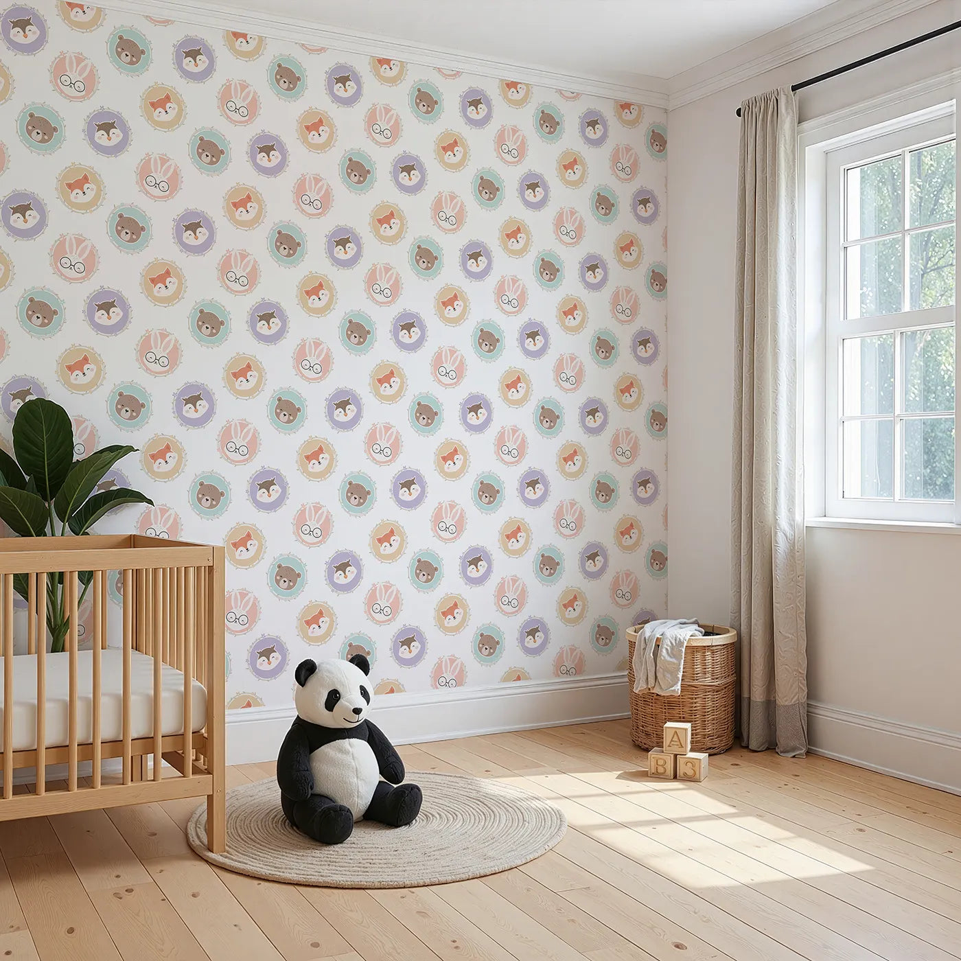 Angled view of Whimsy Tots' Woodland Buddy Portraits Wallpaper in White (W3444A).Sweet animal faces peek from floral frames in a soft woodland parade.